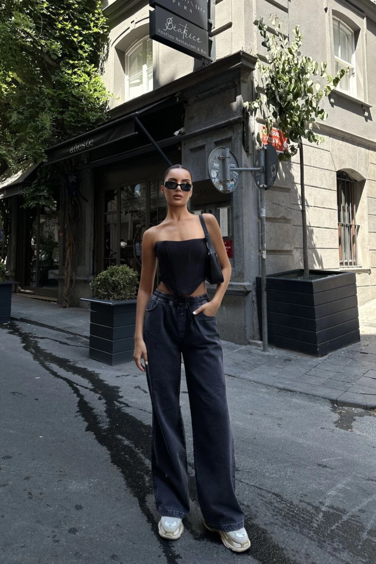 Velmora    Arkadan Yırtmaçlı Jeans Kot Palazzo Pantolon - Siyah -