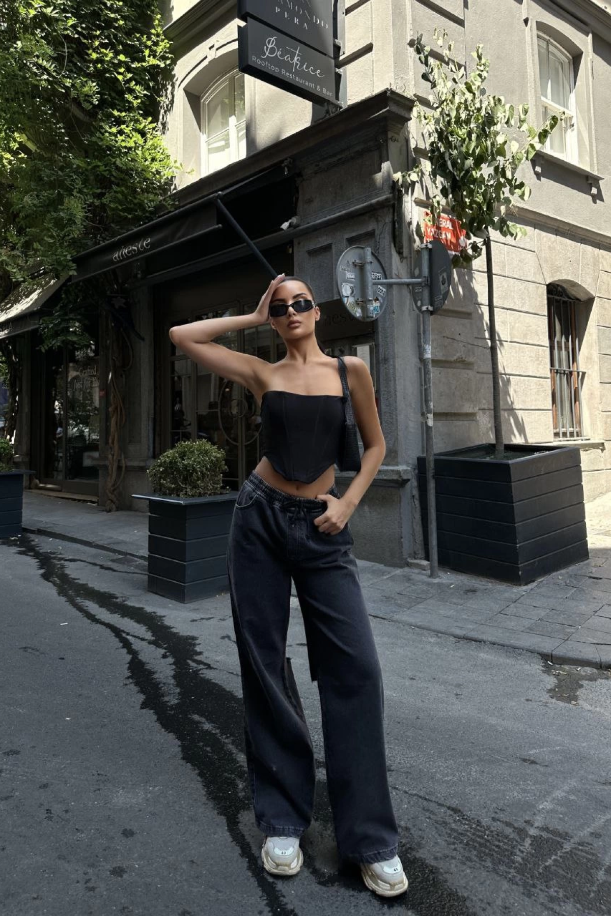 Velmora    Arkadan Yırtmaçlı Jeans Kot Palazzo Pantolon - Siyah -