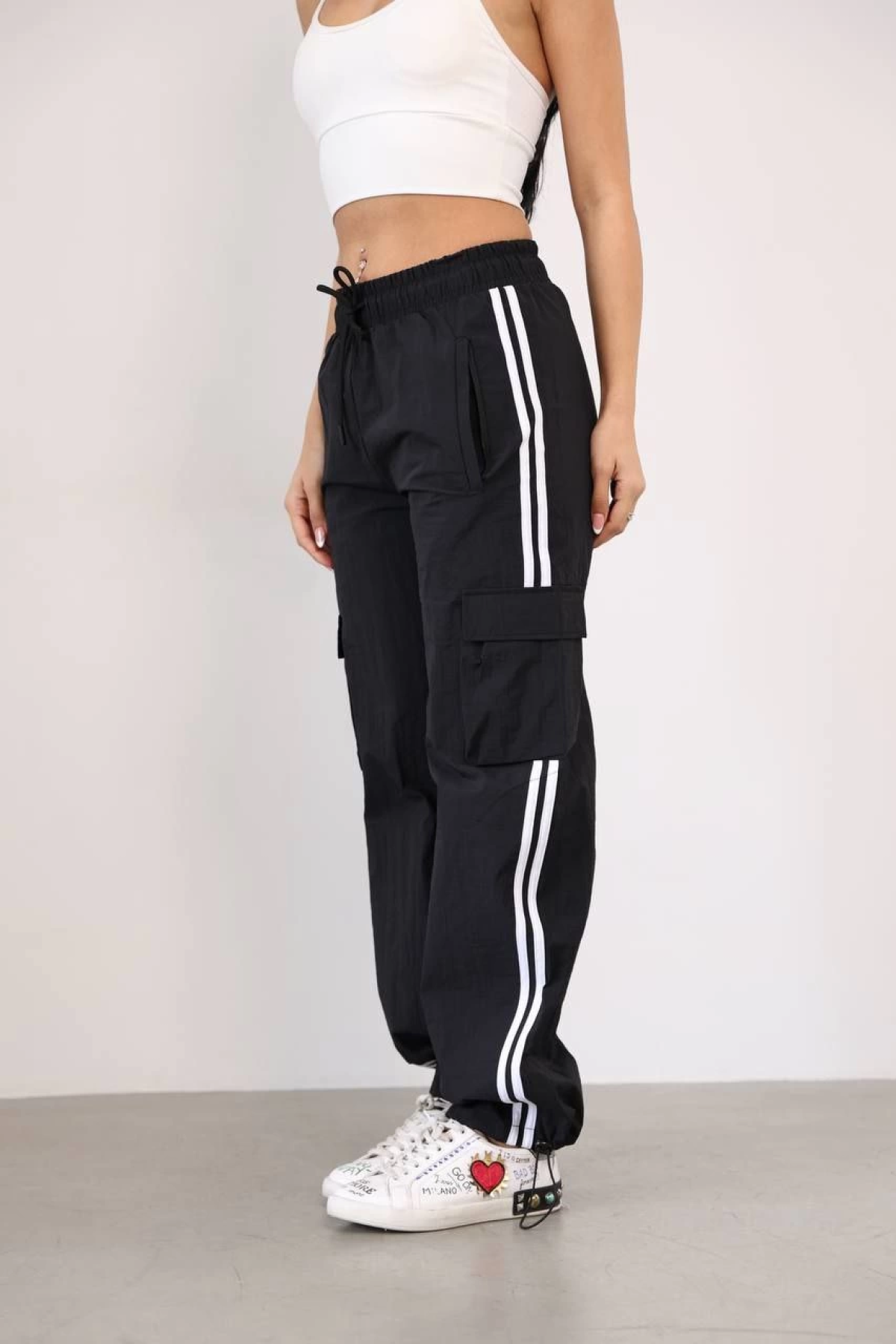 Paraşüt Kumaş Kargo Ceplı Baggy Eşofman - Siyah