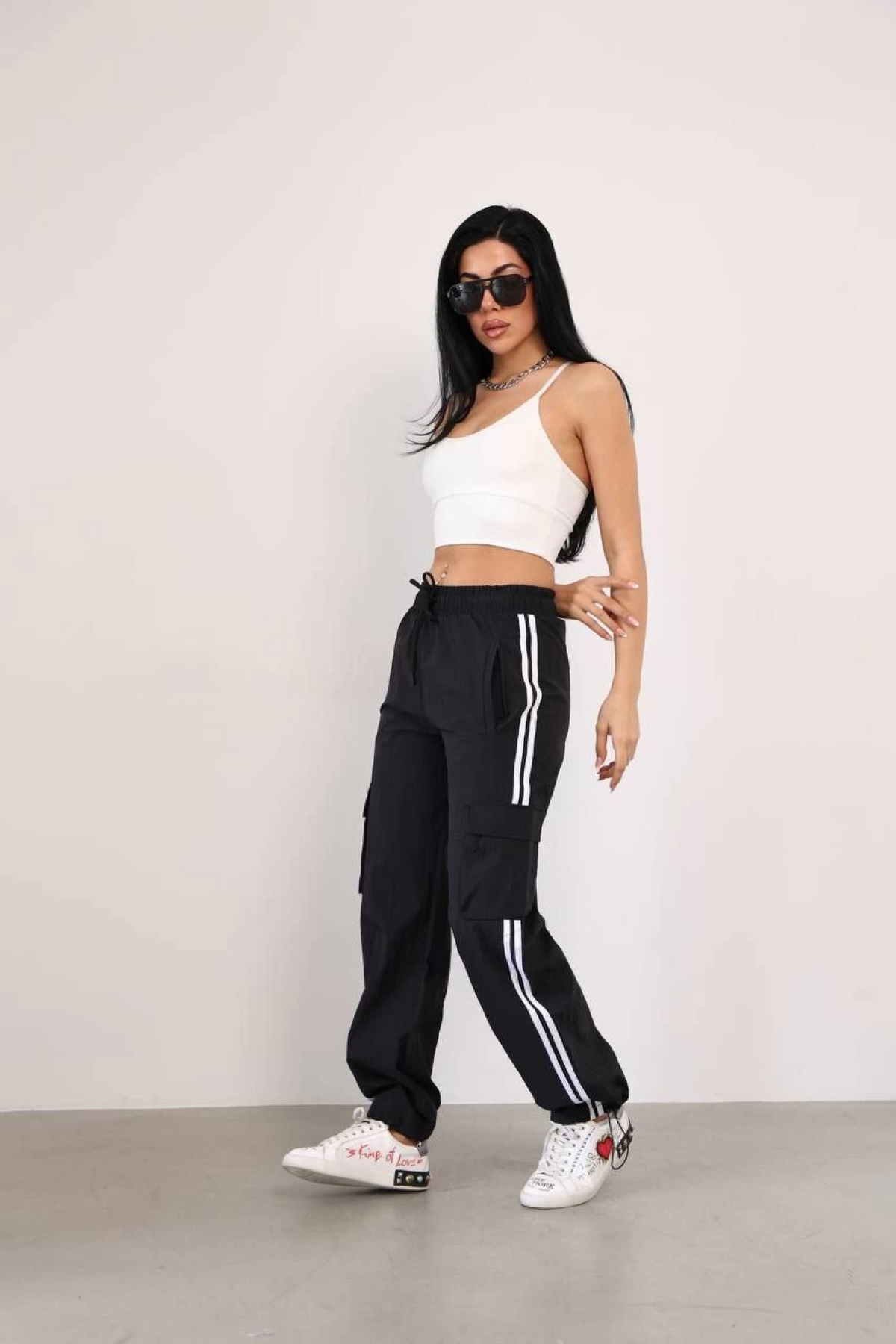 Paraşüt Kumaş Kargo Ceplı Baggy Eşofman - Siyah