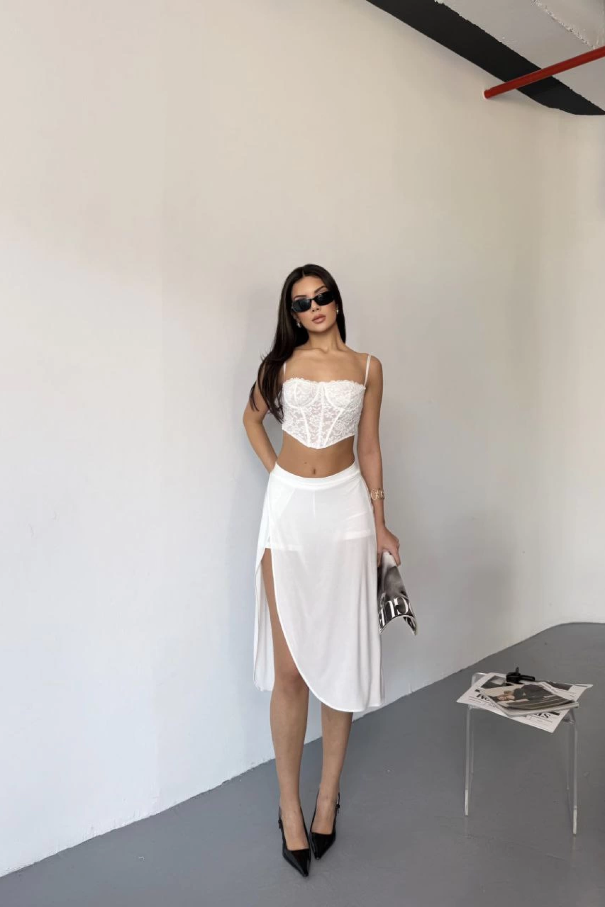 Velmora  Çepli Şortlu Yırtmaçlı Etek - Beyaz -