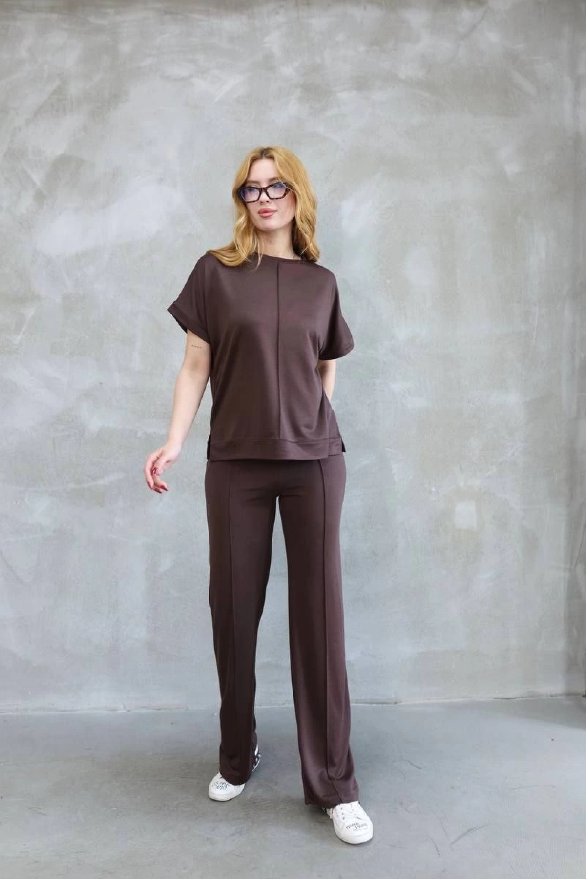 Osy Modal Yumuşak dokulu Kumaş Bisiklet Yaka Kısa Kollu Takım - Kahverengi