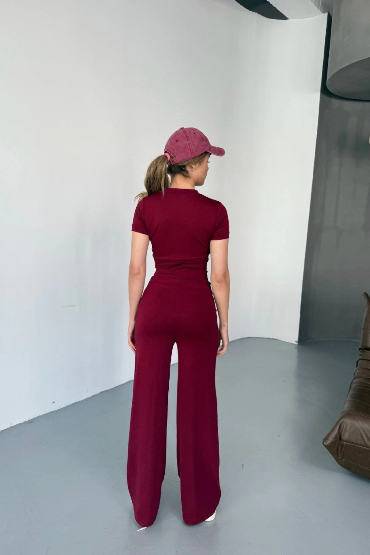 Velmora  Osy Modal Yumuşak Dokulu Kumaş Nakış işlemeli Rahat Bol Paça Eşofman Pantalon - Bordo -