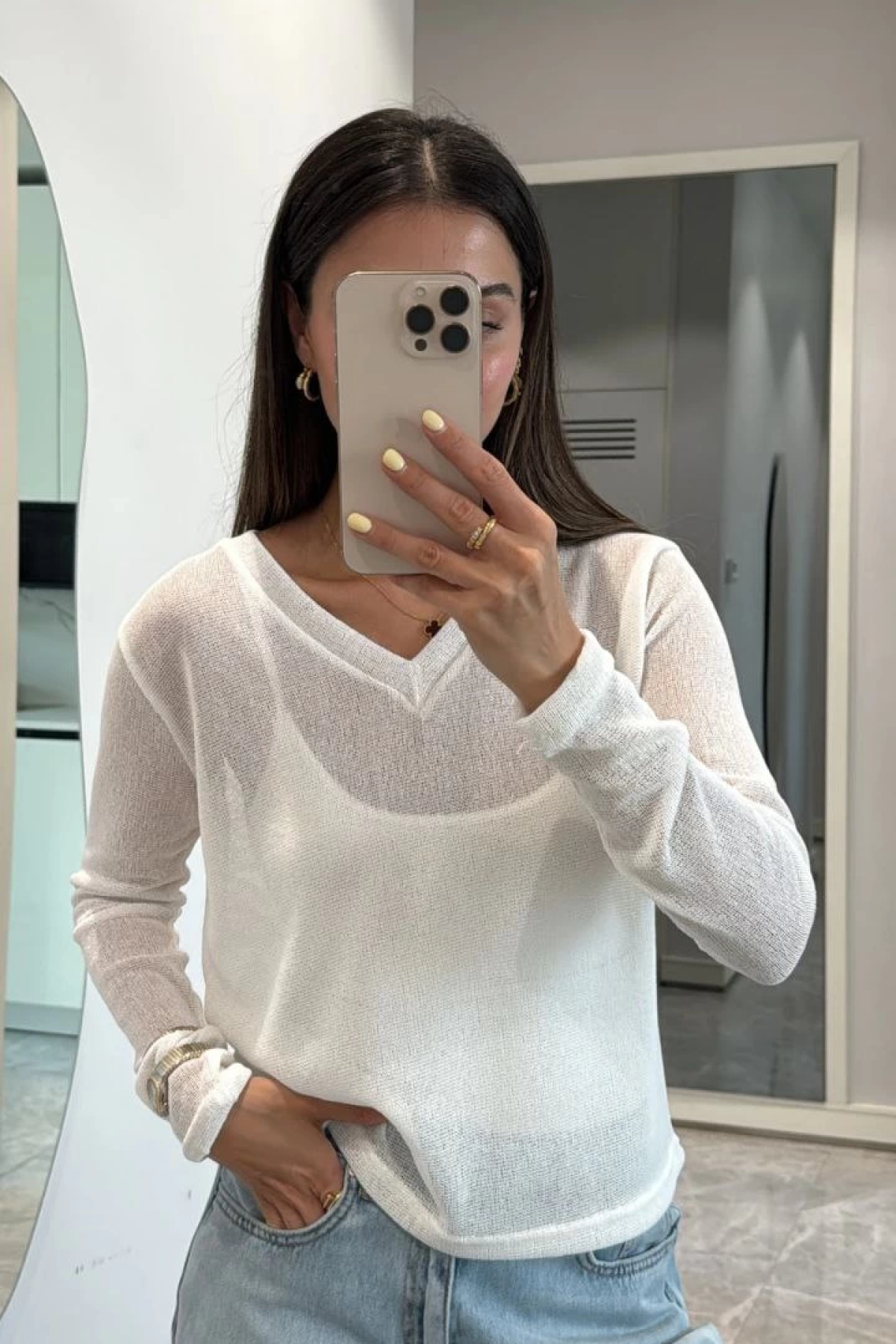 V Yaka uzun Kollu Triko ince Bluz - Beyaz