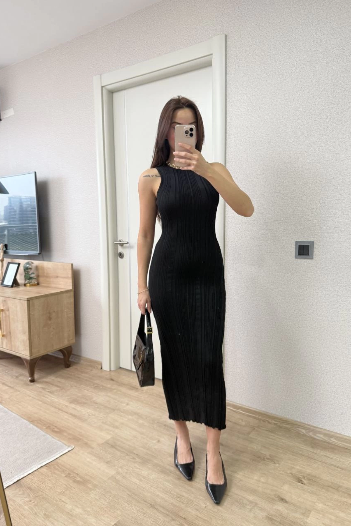 Fitilli Triko Elbise Kolsuz Sırtı Kapalı Maxi Uzun Boy - Siyah -