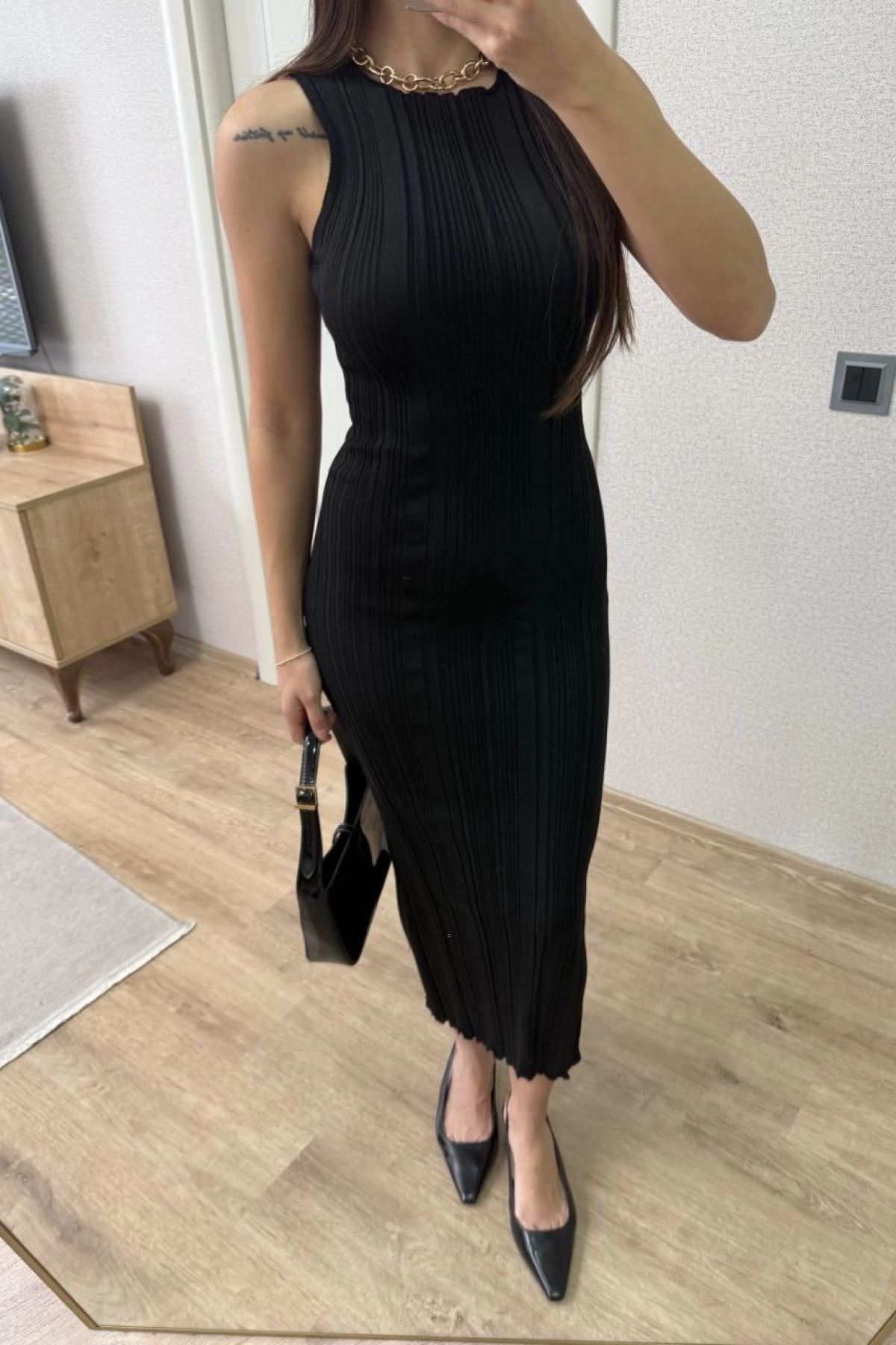 Fitilli Triko Elbise Kolsuz Sırtı Kapalı Maxi Uzun Boy - Siyah -