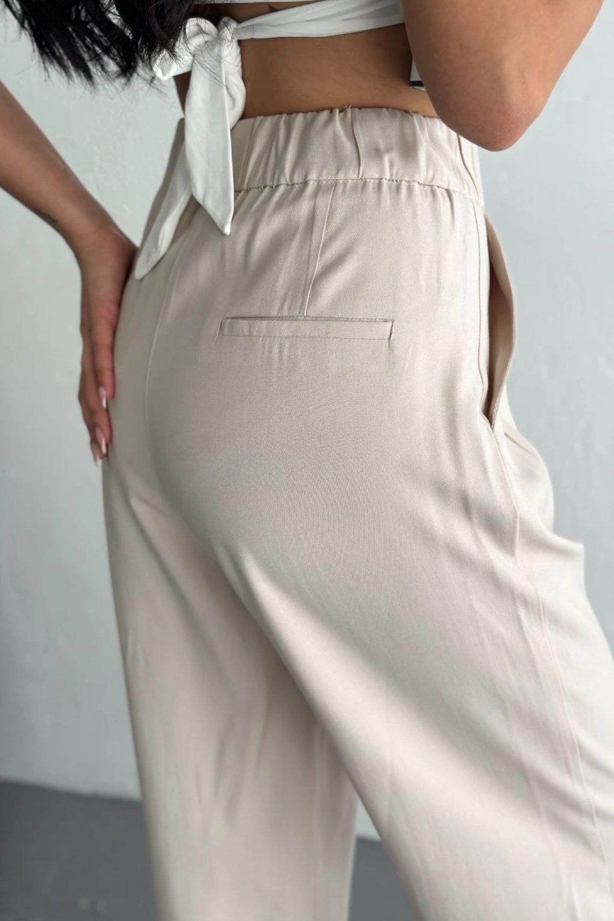 Velmora    Yüksel Bel Beli Bağcıklı Rahat Boru Paça Pantalon - Kırık Beyaz -