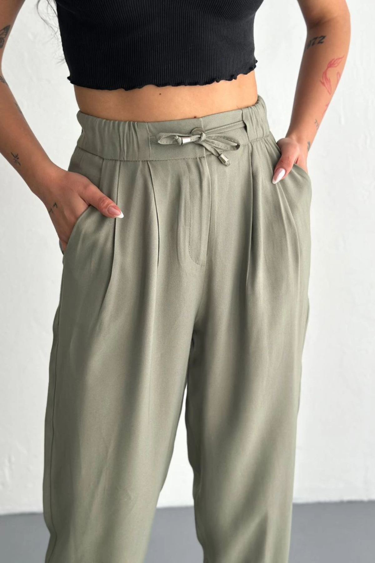 Velmora    Yüksel Bel Beli Bağcıklı Cepli Rahat Paça Pantalon - Su Yeşili -