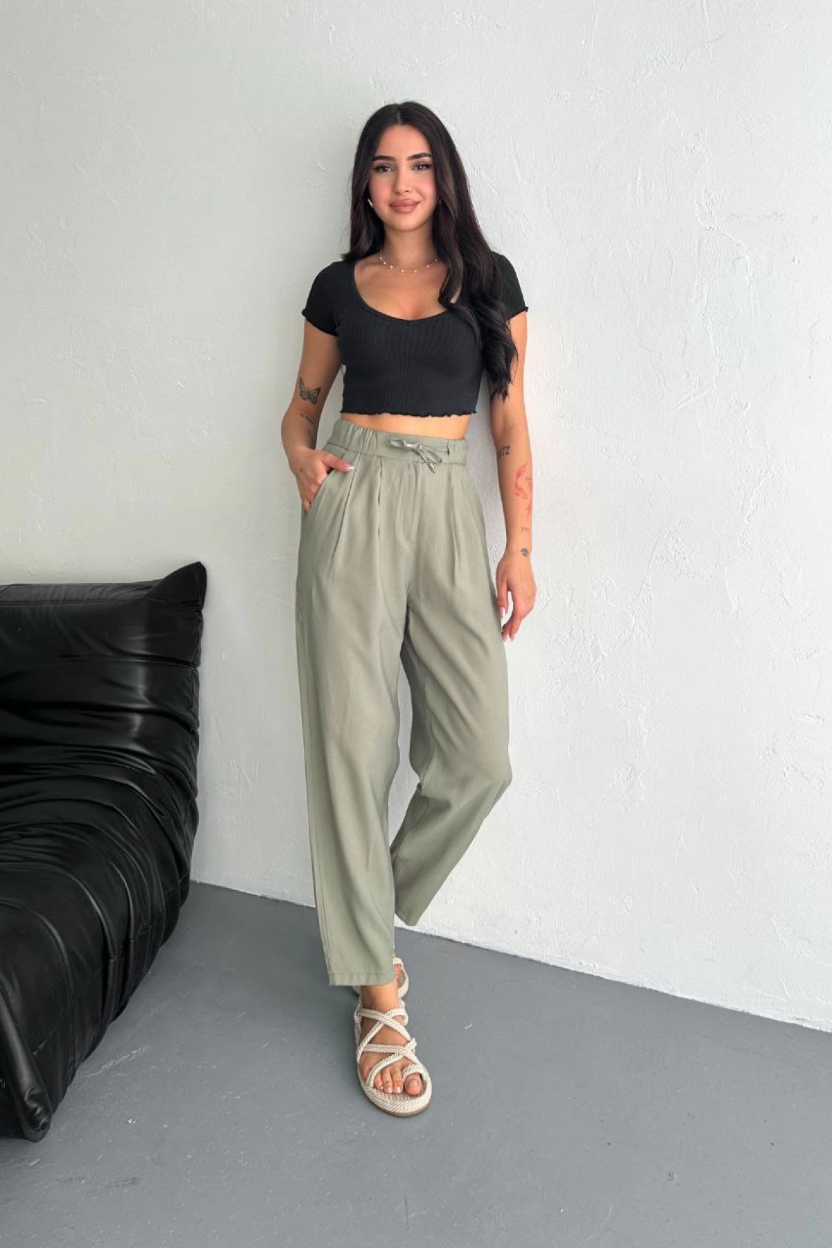 Velmora    Yüksel Bel Beli Bağcıklı Cepli Rahat Paça Pantalon - Su Yeşili -