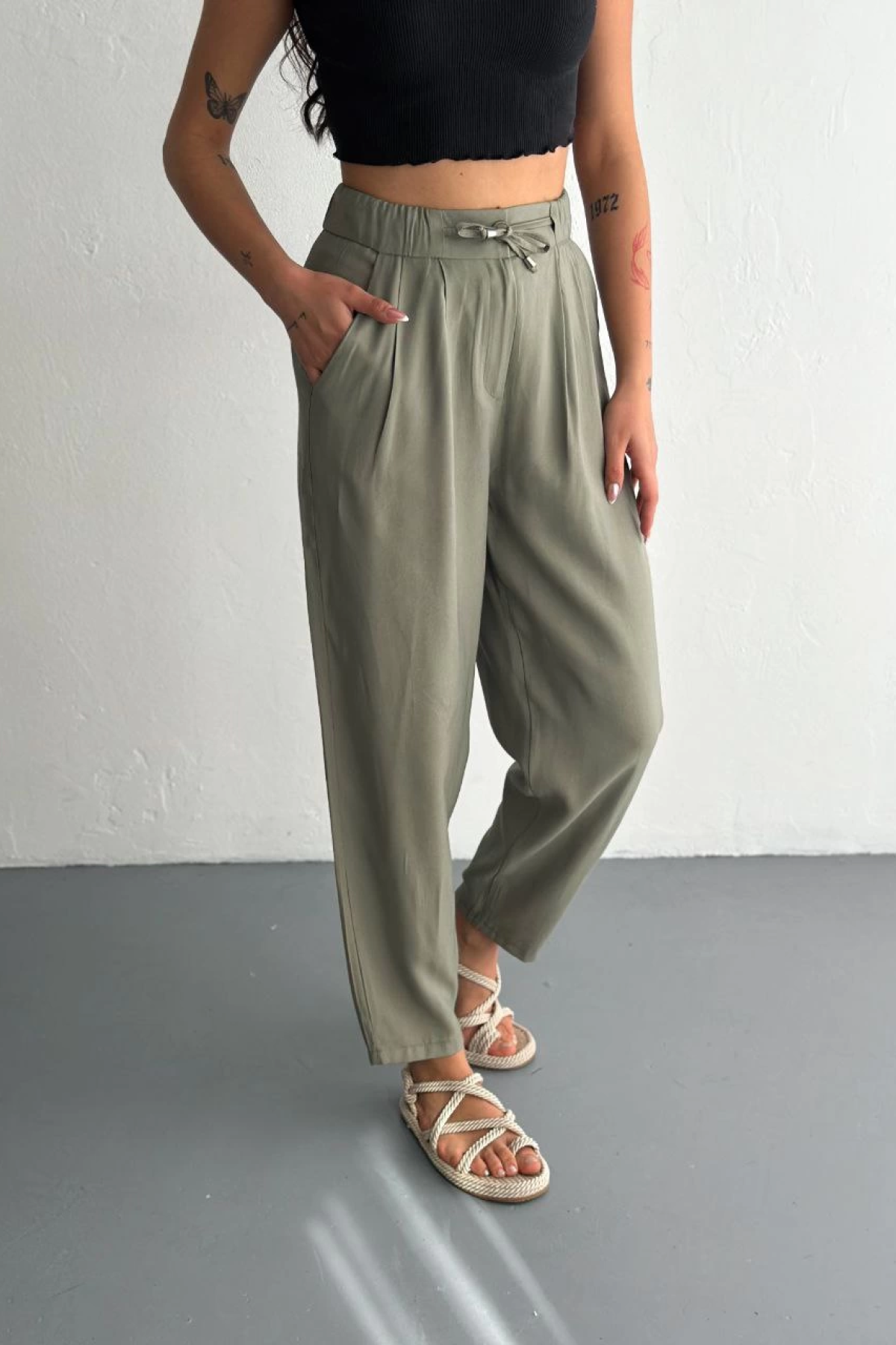 Velmora    Yüksel Bel Beli Bağcıklı Cepli Rahat Paça Pantalon - Su Yeşili -