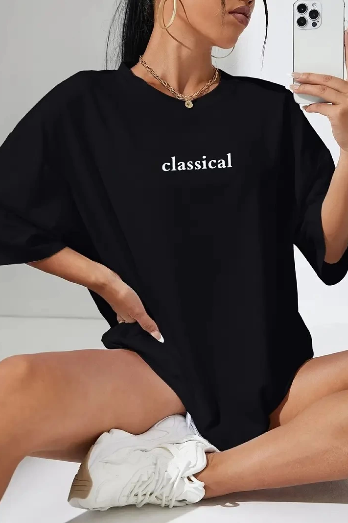 Velmora  20/1 Penye Compack Classical Baskılı Siyah Oversize Tişort - Siyah -