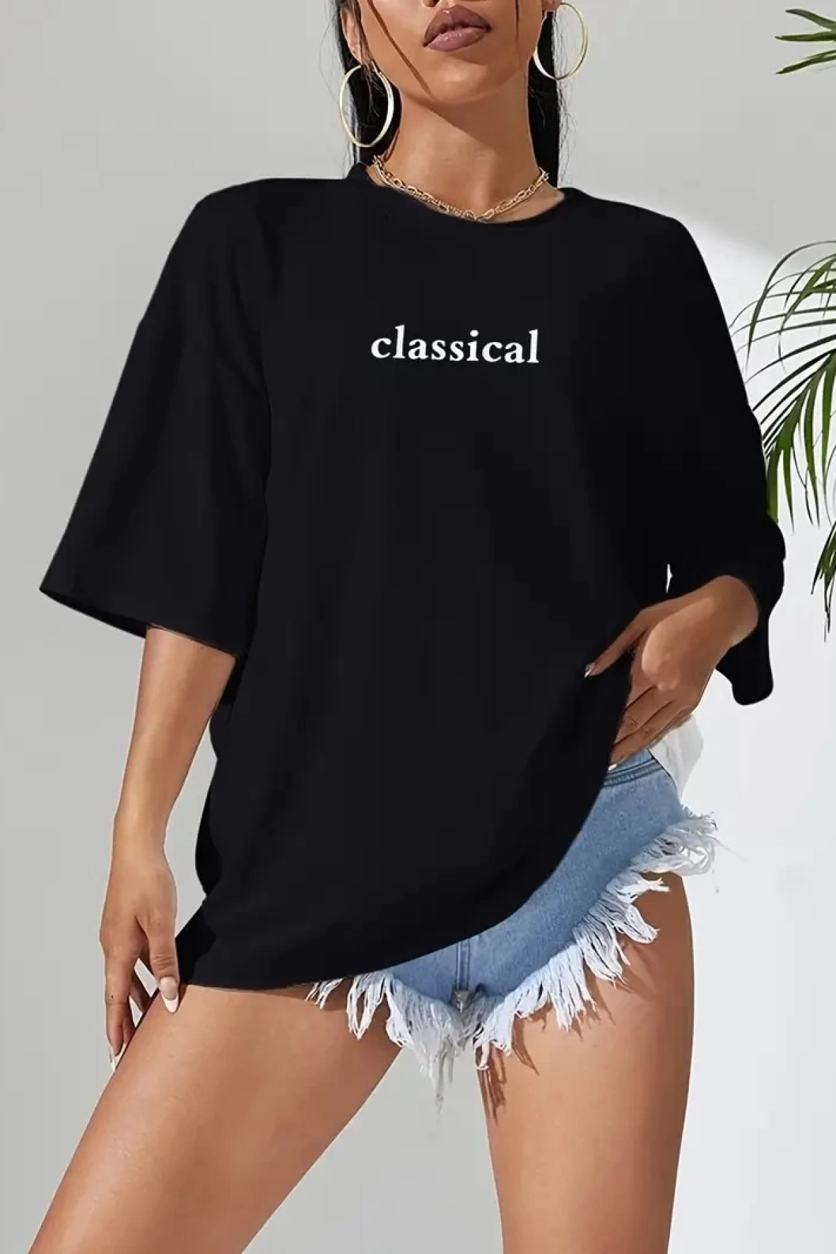 Velmora  20/1 Penye Compack Classical Baskılı Siyah Oversize Tişort - Siyah -