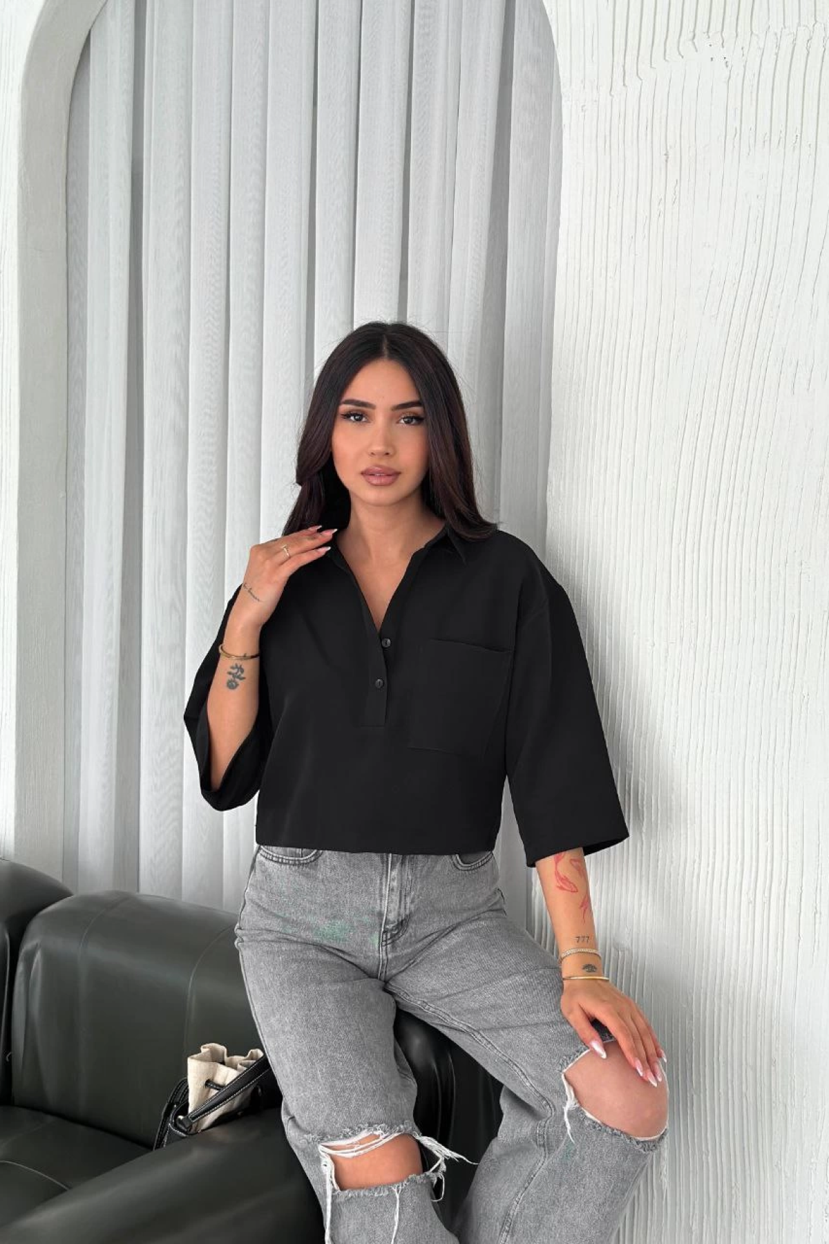 Velmora  Z Krep   Crop Yakalı Gömlek İlik Düğmeli Üç Çeyrek Sleeve Kol - Siyah -