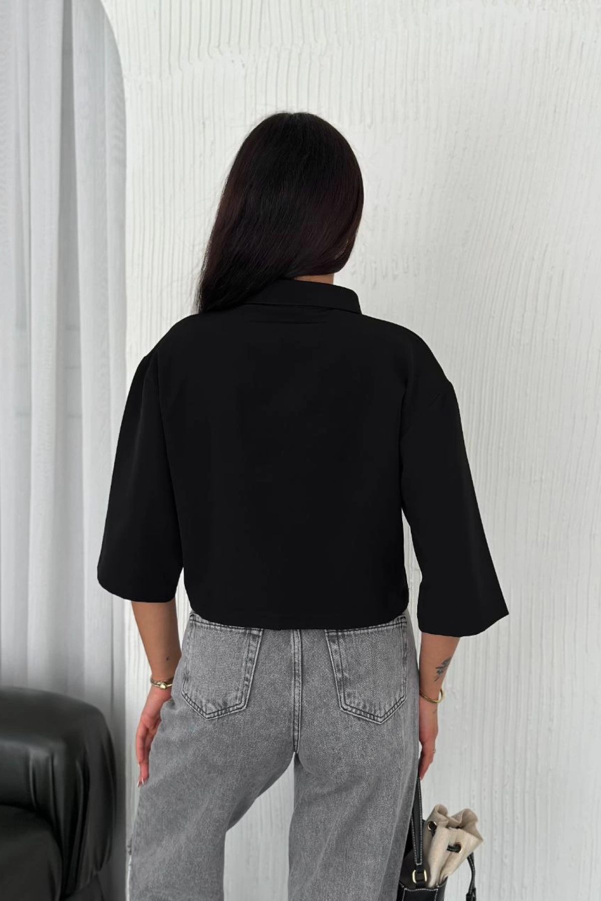 Velmora  Z Krep   Crop Yakalı Gömlek İlik Düğmeli Üç Çeyrek Sleeve Kol - Siyah -