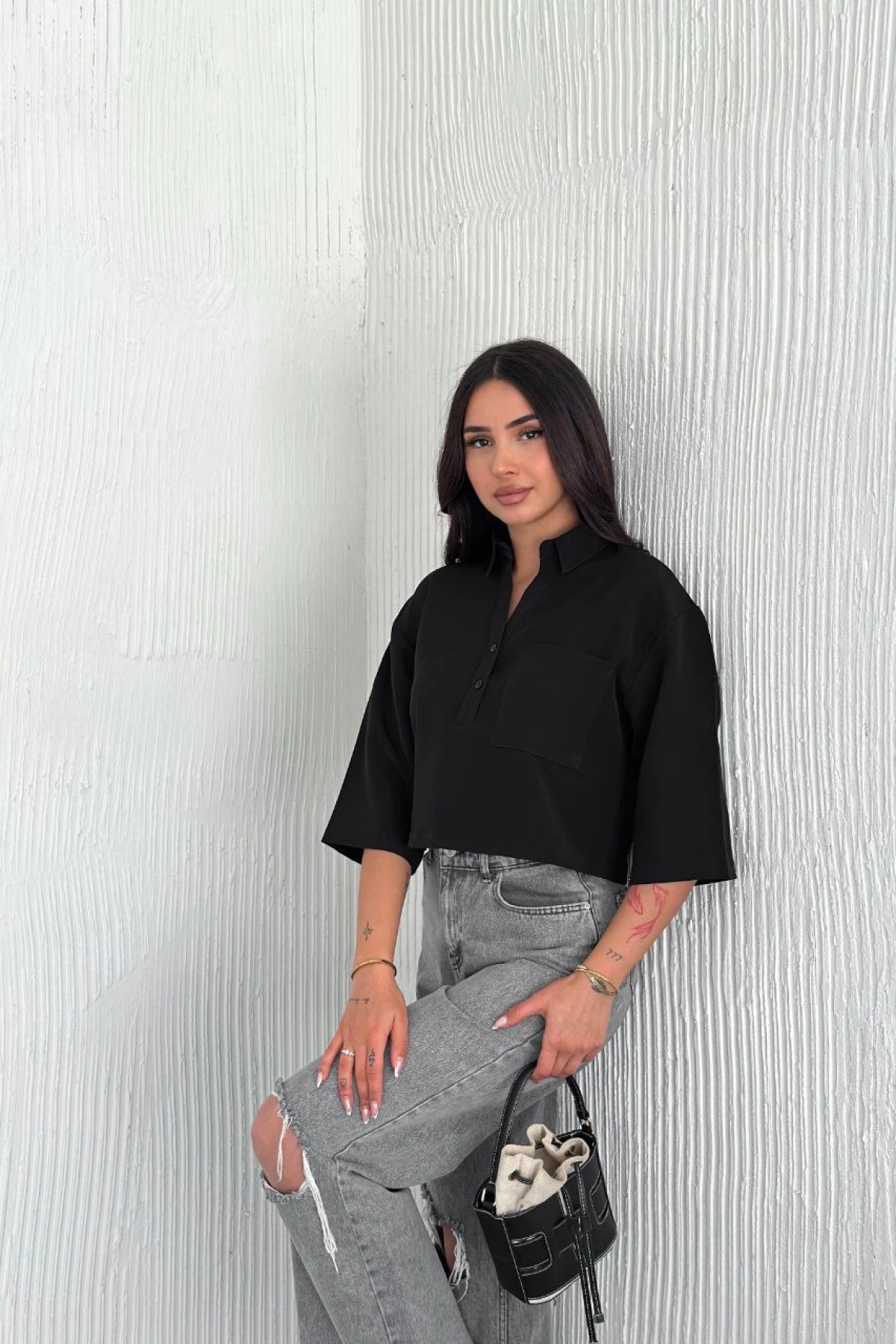 Velmora  Z Krep   Crop Yakalı Gömlek İlik Düğmeli Üç Çeyrek Sleeve Kol - Siyah -