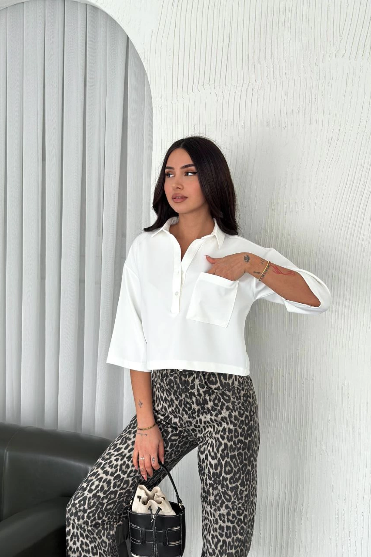 Velmora  Z Krep   Crop Yakalı Gömlek İlik Düğmeli Üç Çeyrek Sleeve Kol - Beyaz -