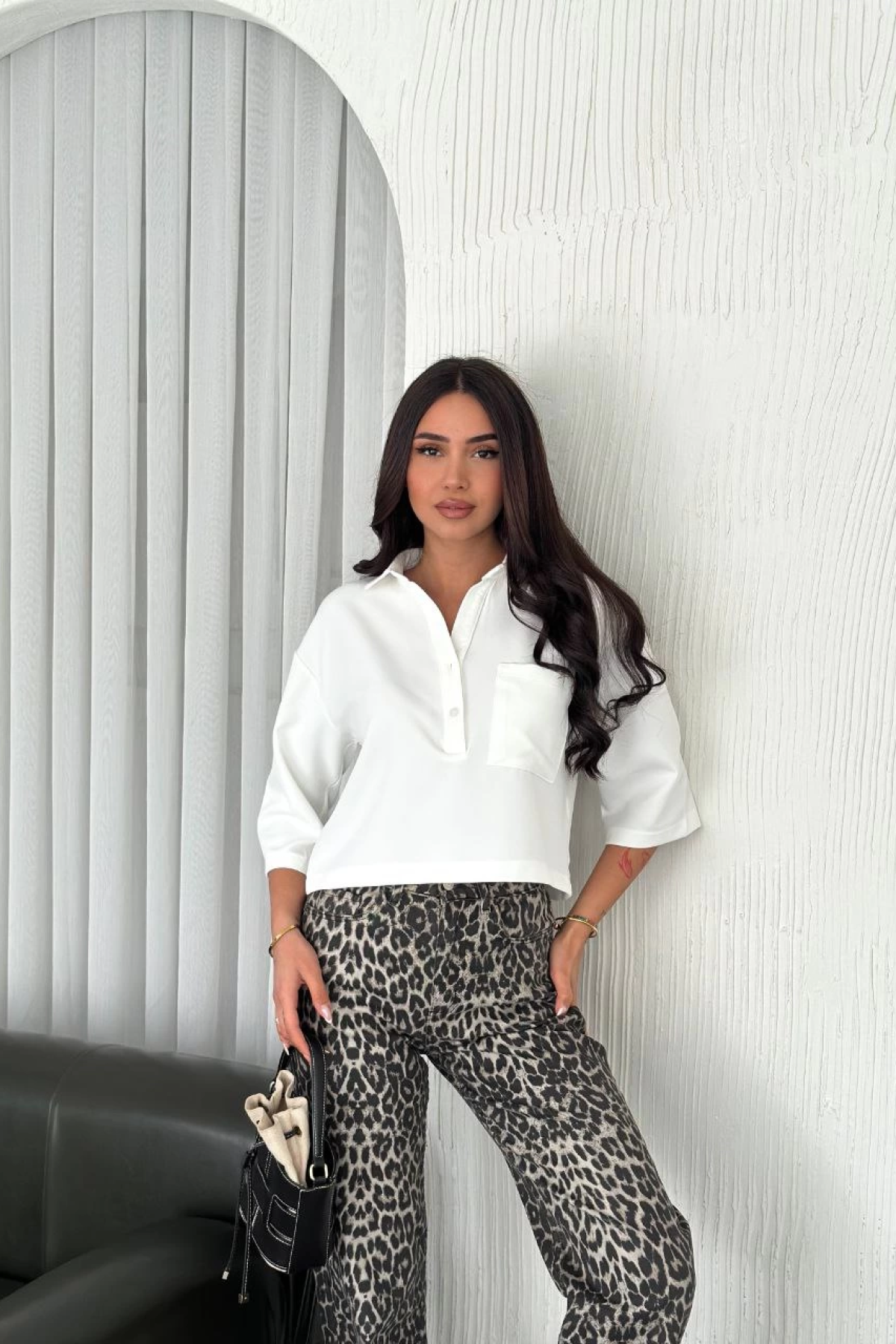 Velmora  Z Krep   Crop Yakalı Gömlek İlik Düğmeli Üç Çeyrek Sleeve Kol - Beyaz -