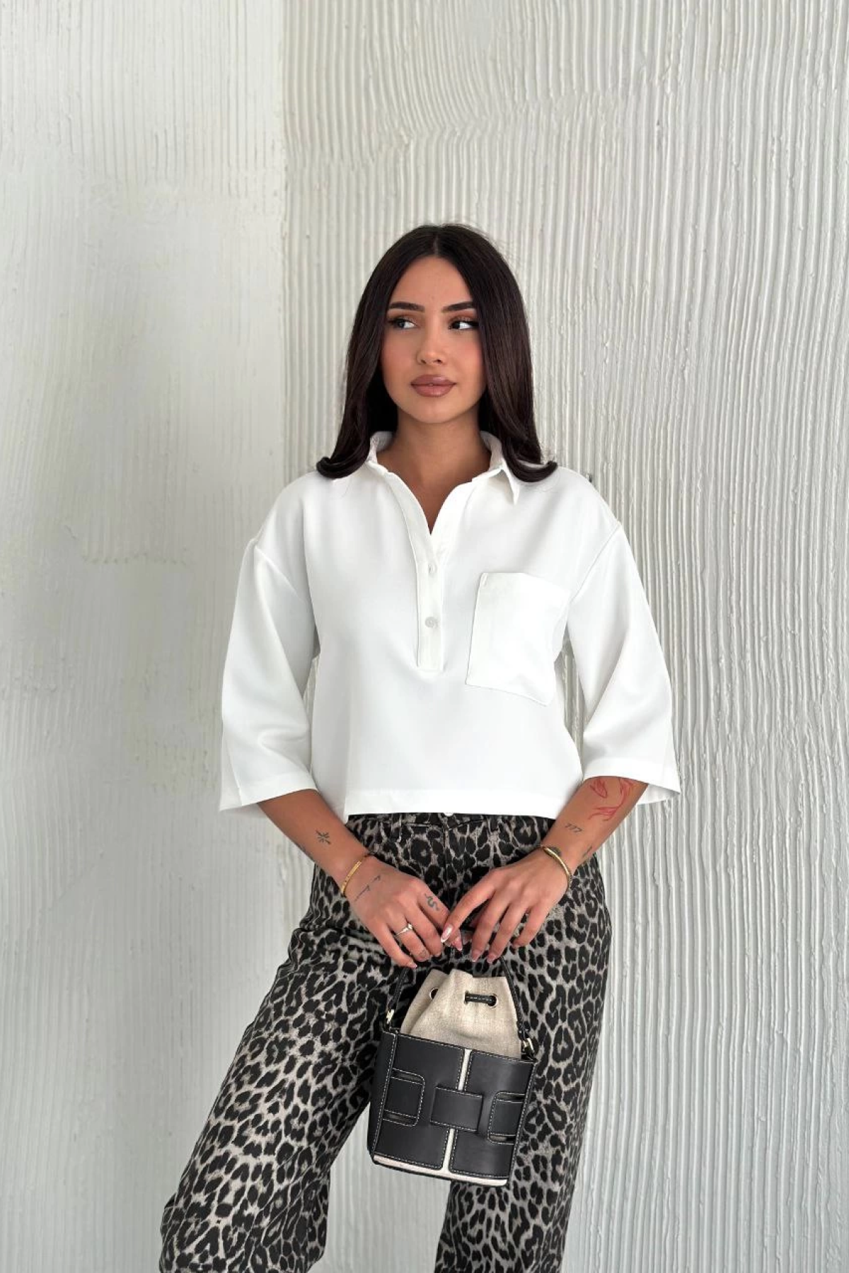 Velmora  Z Krep   Crop Yakalı Gömlek İlik Düğmeli Üç Çeyrek Sleeve Kol - Beyaz -