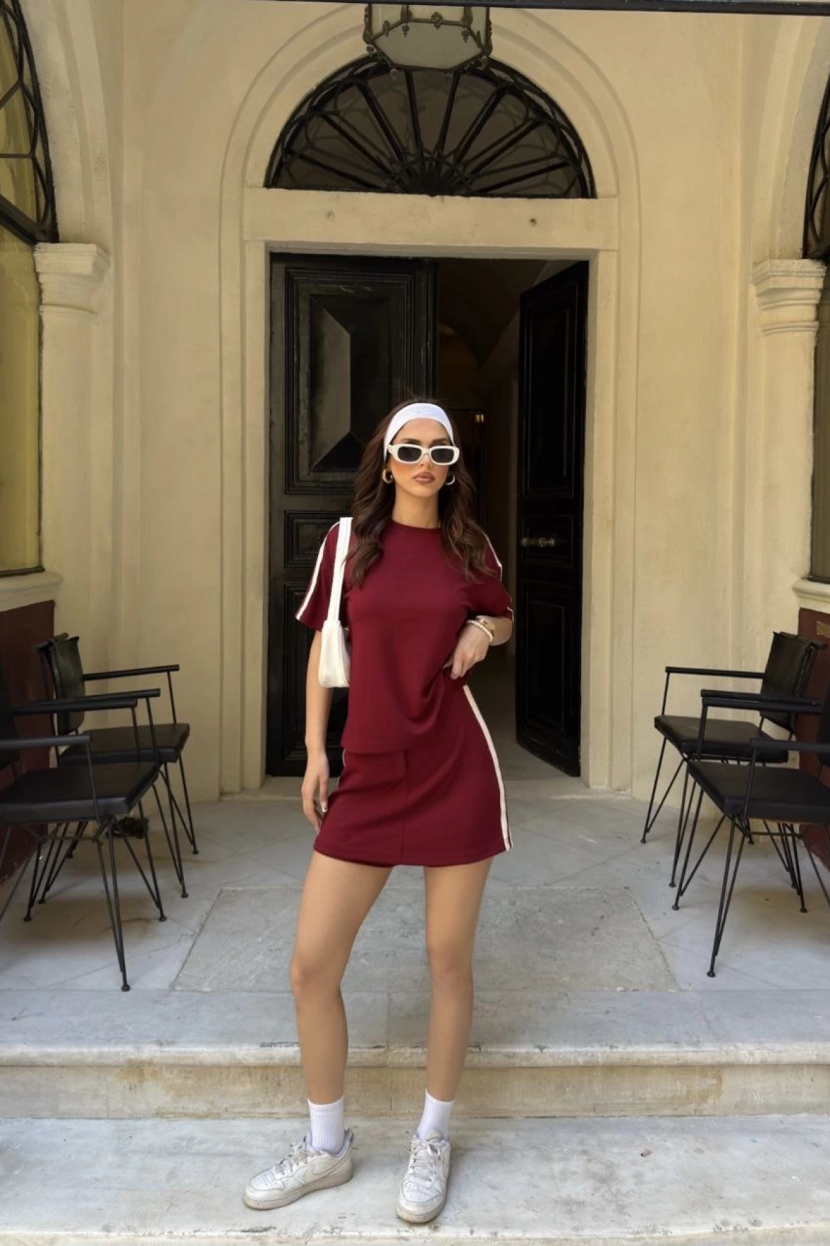 Velmora  Osy Modal yumuşak dokulu Kumaş Mini Şortlu Etek İkili Takım -Bordo -