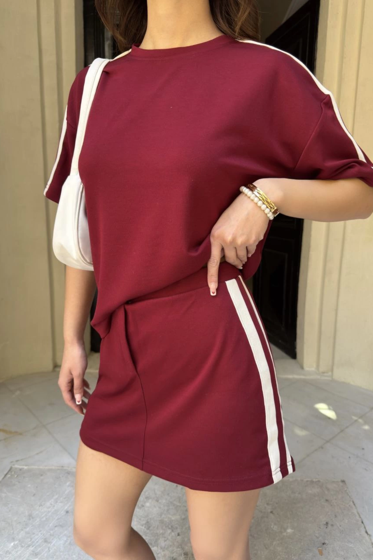 Velmora  Osy Modal yumuşak dokulu Kumaş Mini Şortlu Etek İkili Takım -Bordo -