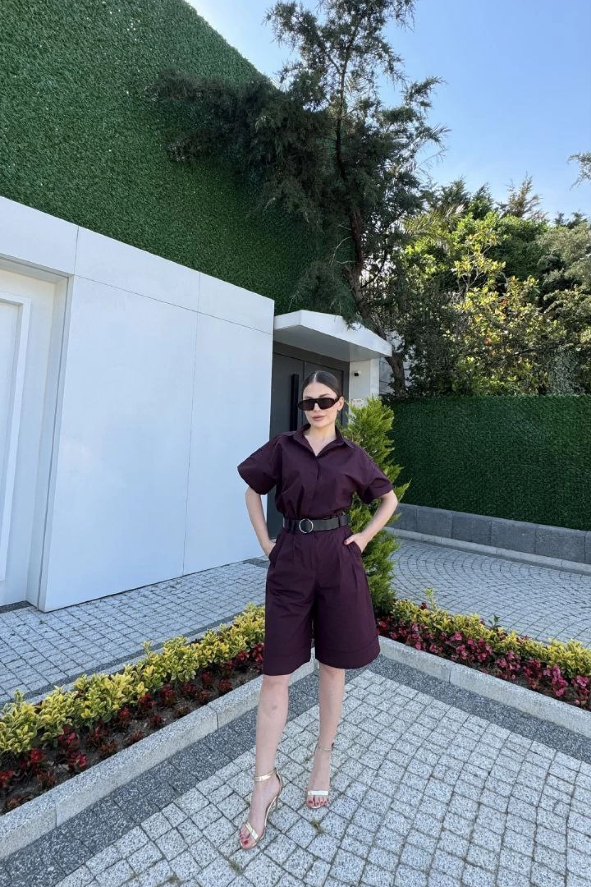 Velmora    Yakalı Gömlek Kemerli Şortlu Takım - Bordo -