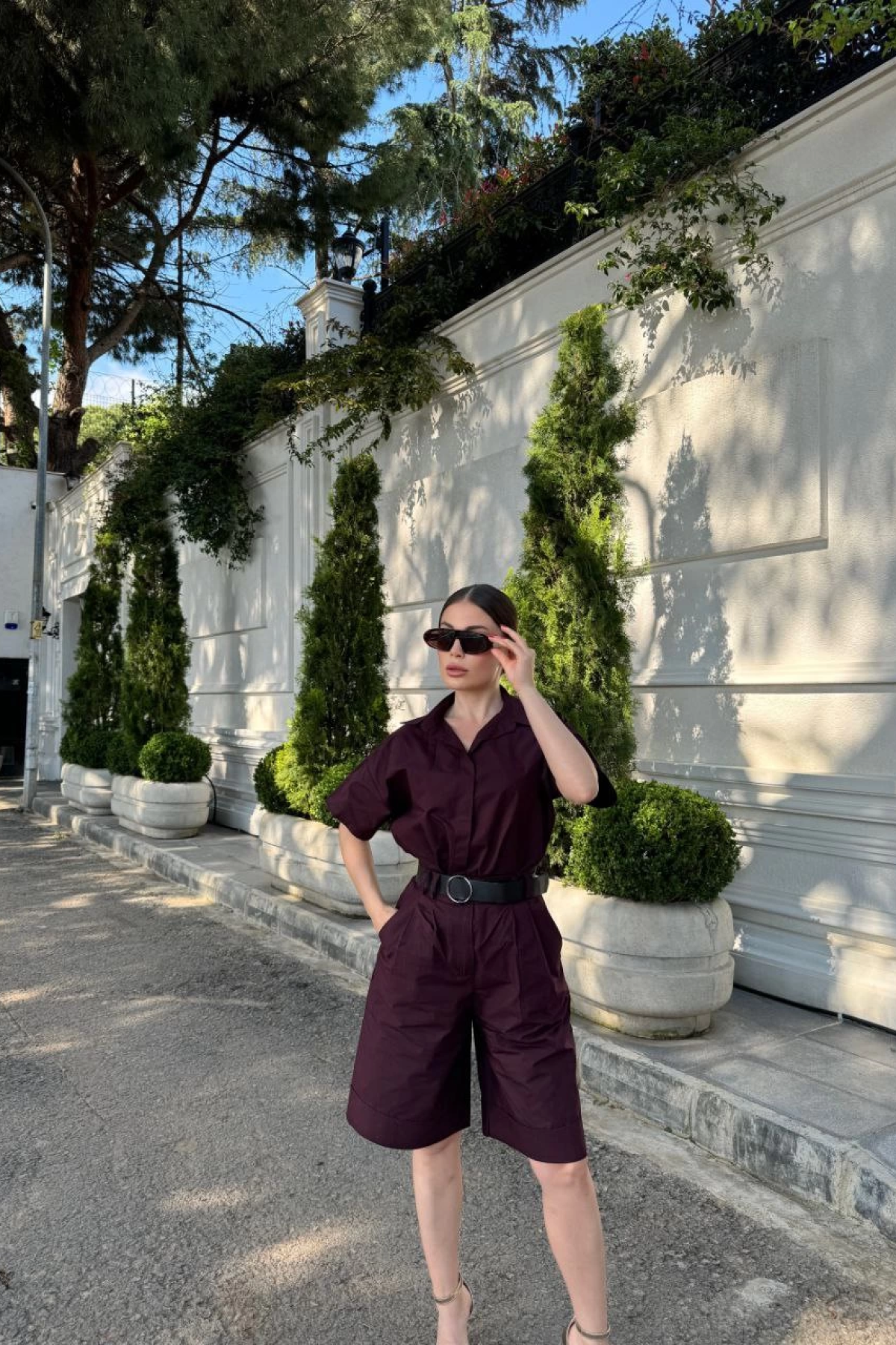 Velmora    Yakalı Gömlek Kemerli Şortlu Takım - Bordo -