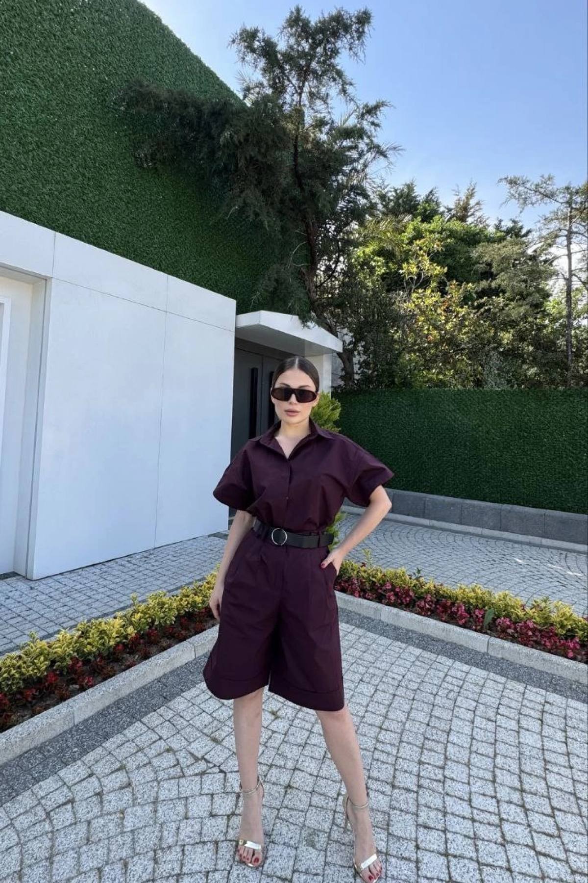 Velmora    Yakalı Gömlek Kemerli Şortlu Takım - Bordo -