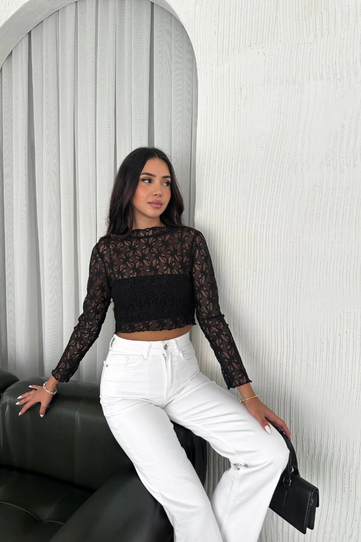 Dantel Uzun Kol Bluz- Siyah -