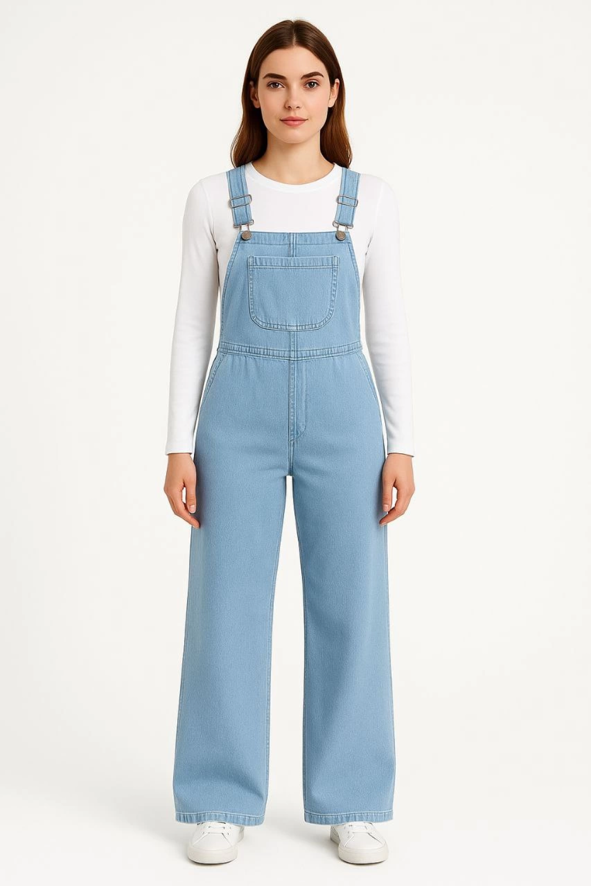 Velmora    Chambray Açık Mavi Denim Görünümlü Geniş Paça Salopet Tulum - Mavi -