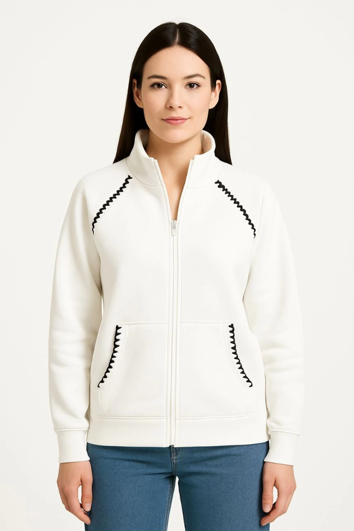 Velmora    Oversize Dik Yaka Fermuarlı Sweatshirt - Zincir Nakışli Kanguru Cepli, - Beyaz -