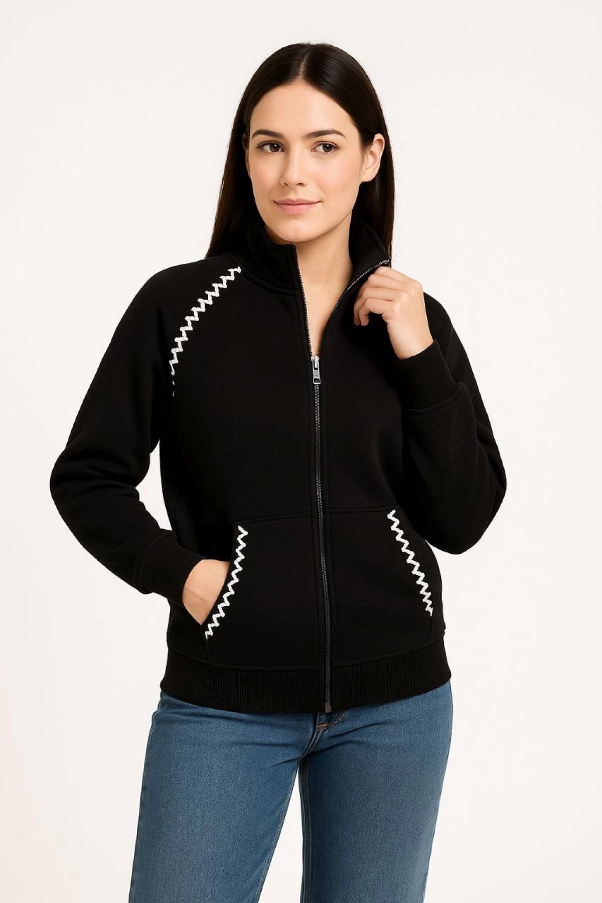 Velmora    Oversize Dik Yaka Fermuarlı Sweatshirt - Zincir Nakışli Kanguru Cepli, - Siyah -