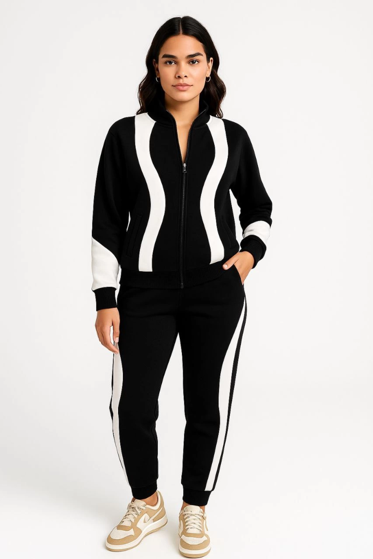 Velmora    Premium Parçalı Eşofman Takım - Dik Yaka Fermuarlı Sweatshirt - Siyah -