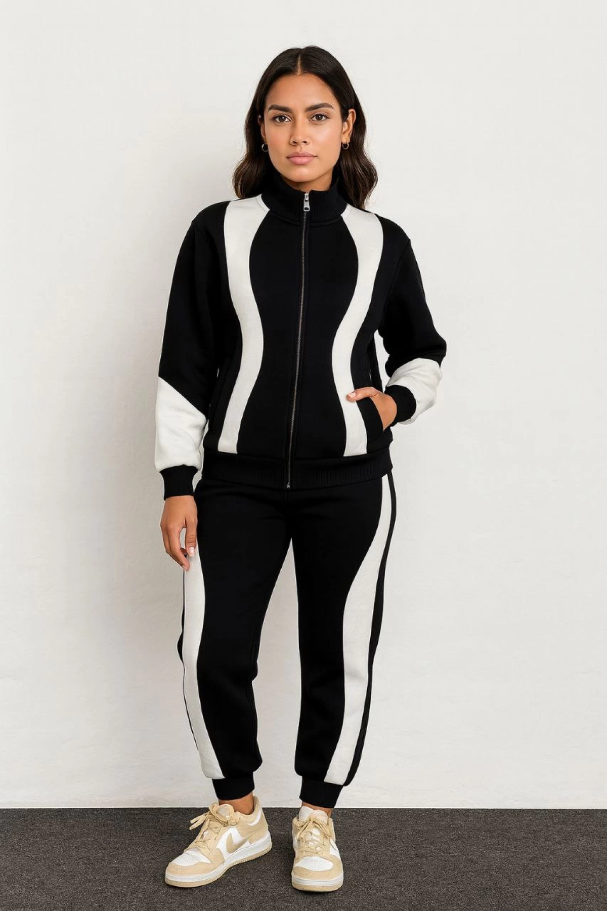 Velmora    Premium Parçalı Eşofman Takım - Dik Yaka Fermuarlı Sweatshirt - Siyah -