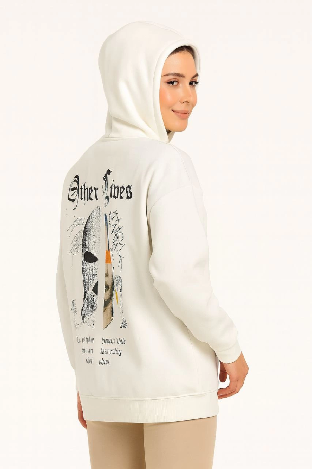 Velmora    Oversize Kapüşonlu Sweatshirt “Other Lives” Ön ve Arka BaskılıBeyaz -