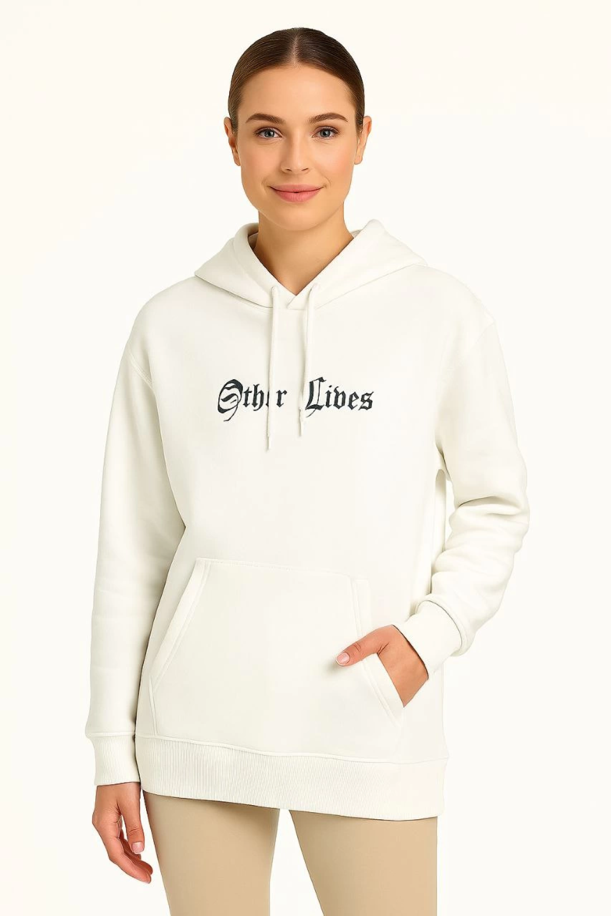 Velmora    Oversize Kapüşonlu Sweatshirt “Other Lives” Ön ve Arka BaskılıBeyaz -