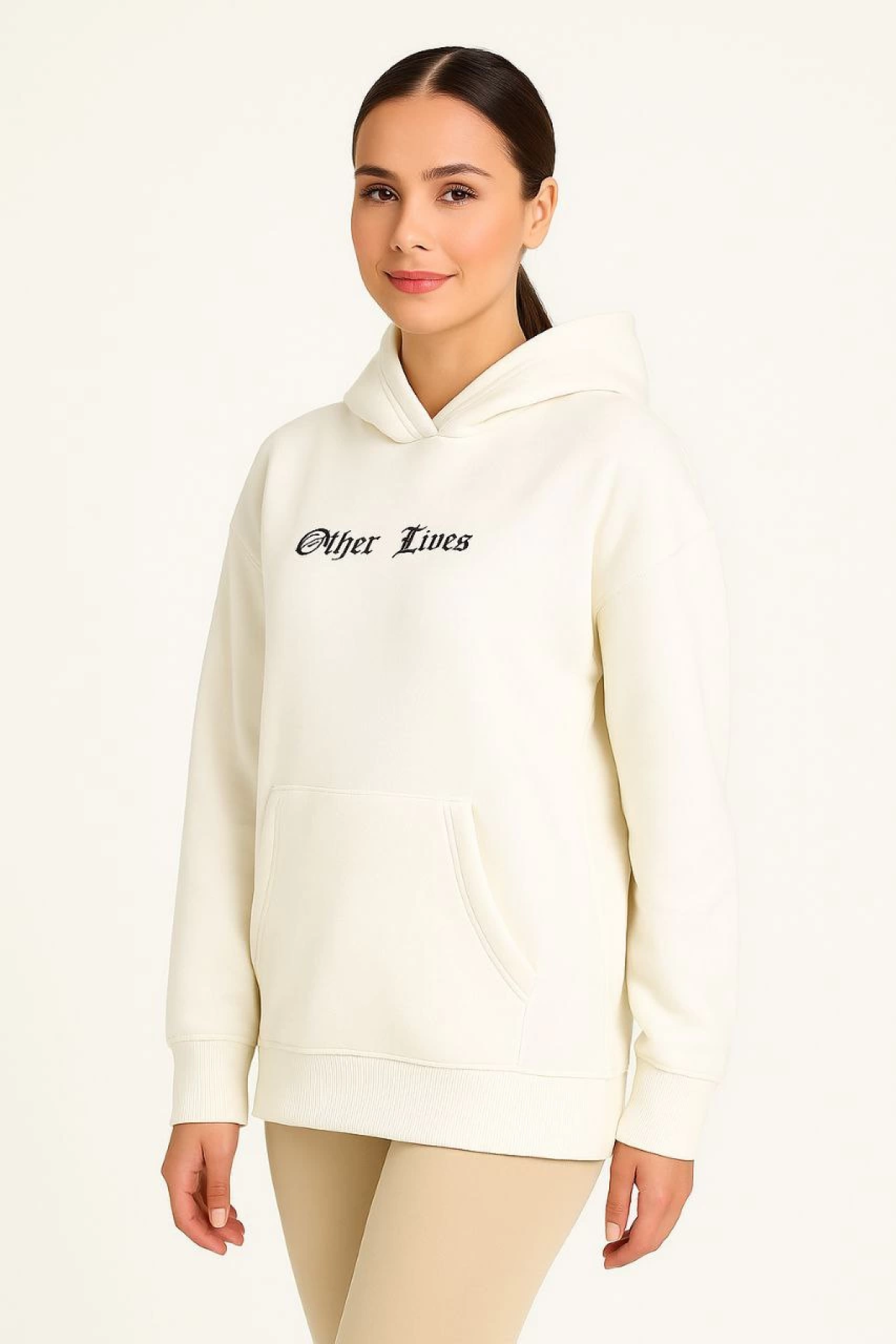 Velmora    Oversize Kapüşonlu Sweatshirt “Other Lives” Ön ve Arka BaskılıBeyaz -