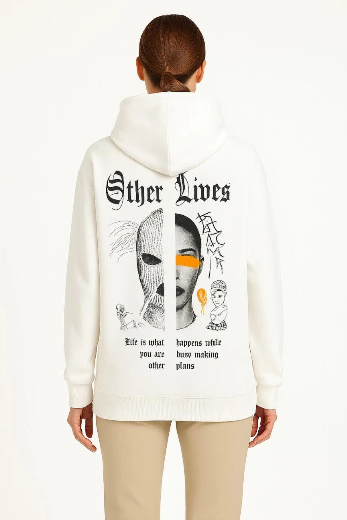 Velmora    Oversize Kapüşonlu Sweatshirt “Other Lives” Ön ve Arka BaskılıBeyaz -