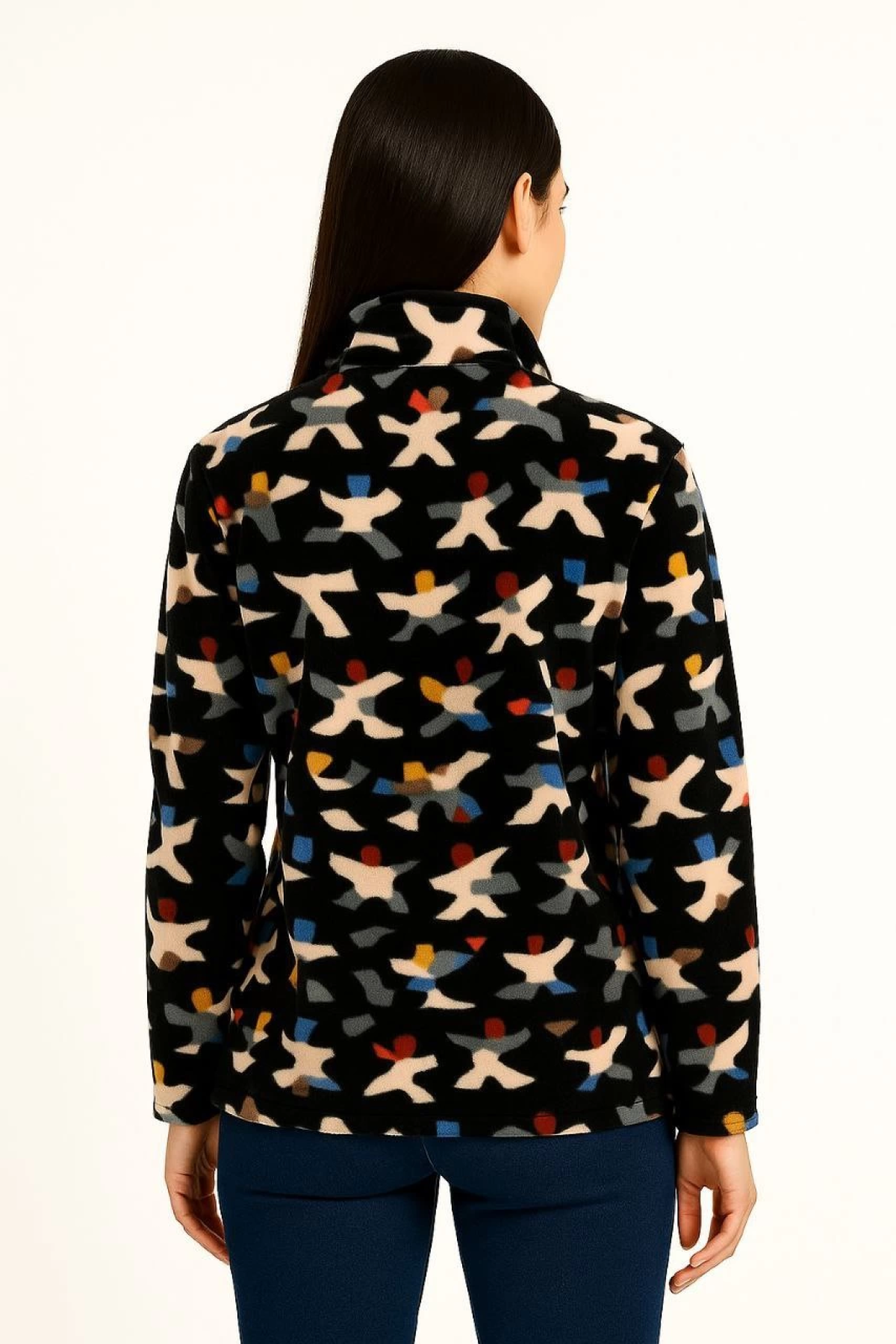 Velmora    Tam Fermuarlı Desenli Polar Sweat – Siyah Multicolor Figür Desen Yakalı, Uzun Kollu, Oversize Rahat Kalıp - Siyah