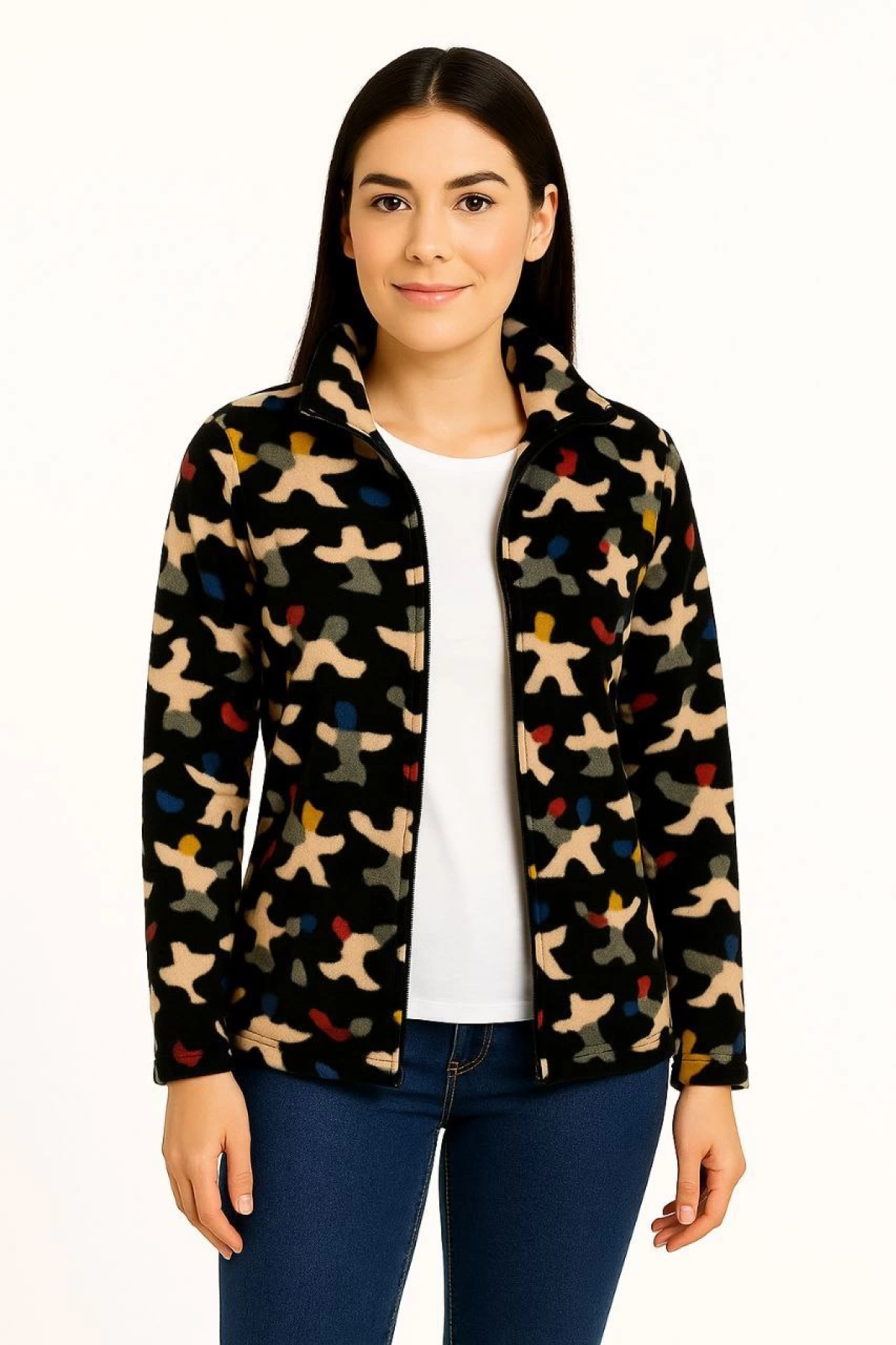 Velmora    Tam Fermuarlı Desenli Polar Sweat – Siyah Multicolor Figür Desen Yakalı, Uzun Kollu, Oversize Rahat Kalıp - Siyah