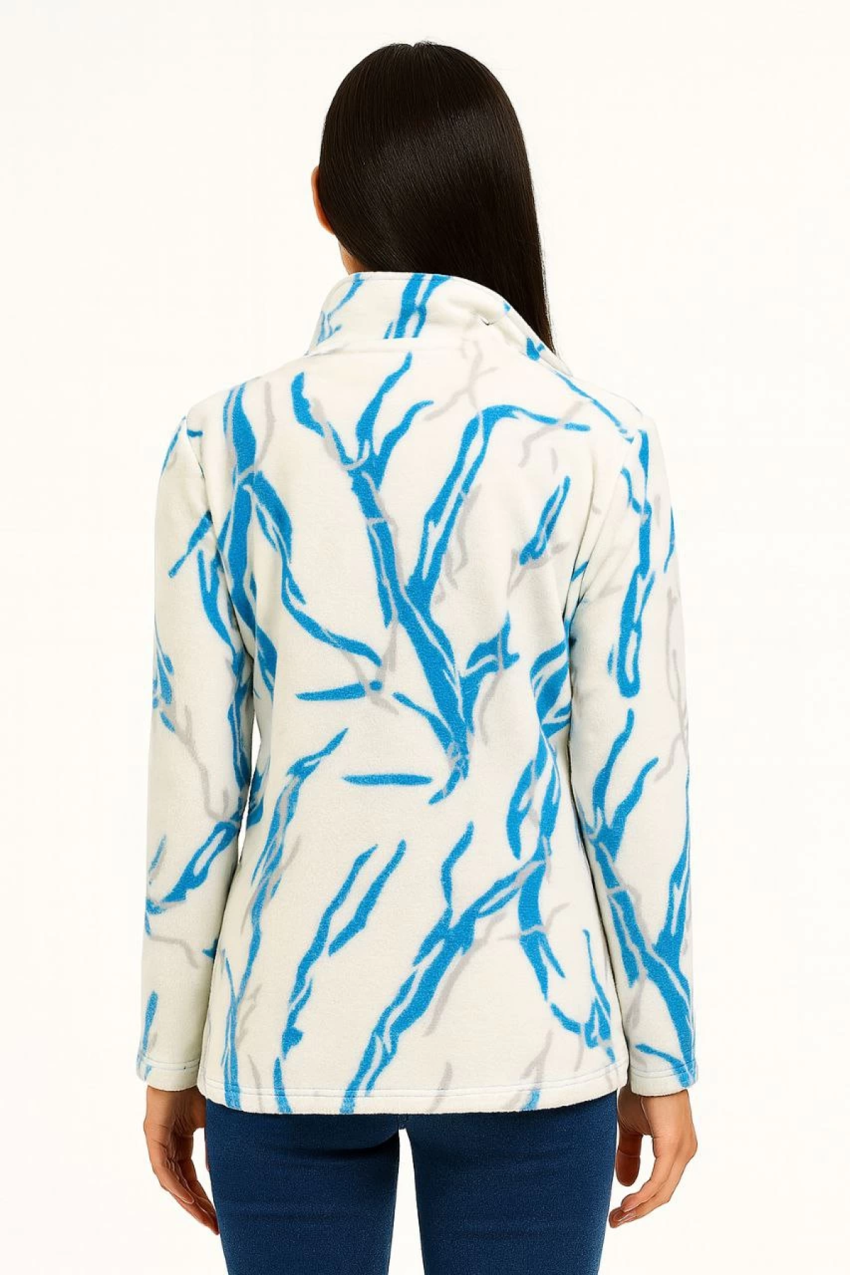 Velmora    Tam Fermuarlı Desenli Polar Sweat Lightning Desen Yakalı, Uzun Kollu, Oversize Rahat Kalıp - Beyaz