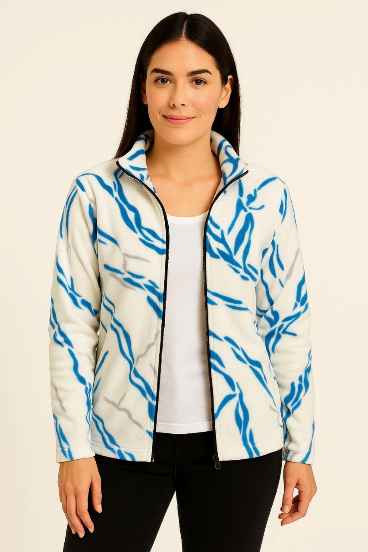 Velmora    Tam Fermuarlı Desenli Polar Sweat Lightning Desen Yakalı, Uzun Kollu, Oversize Rahat Kalıp - Beyaz