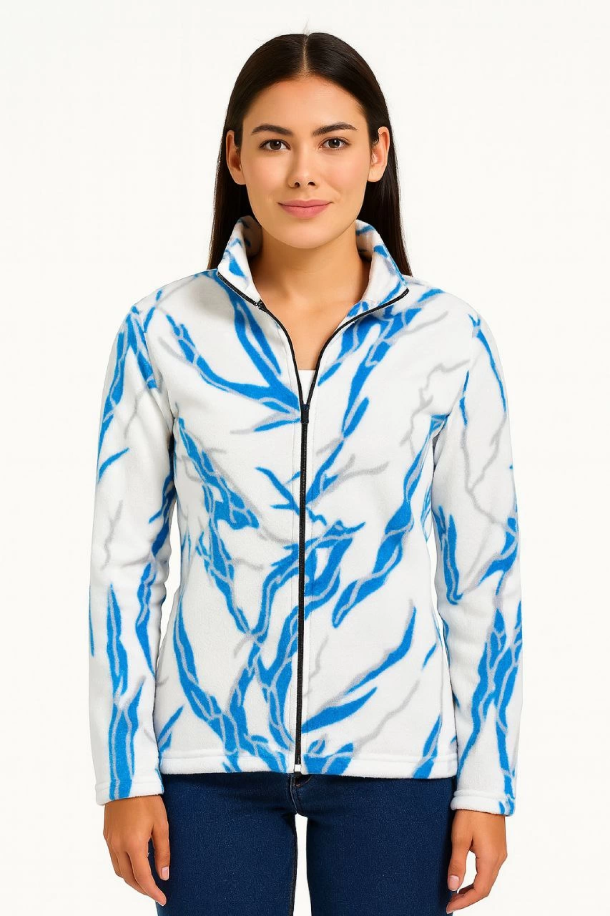 Velmora    Tam Fermuarlı Desenli Polar Sweat Lightning Desen Yakalı, Uzun Kollu, Oversize Rahat Kalıp - Beyaz