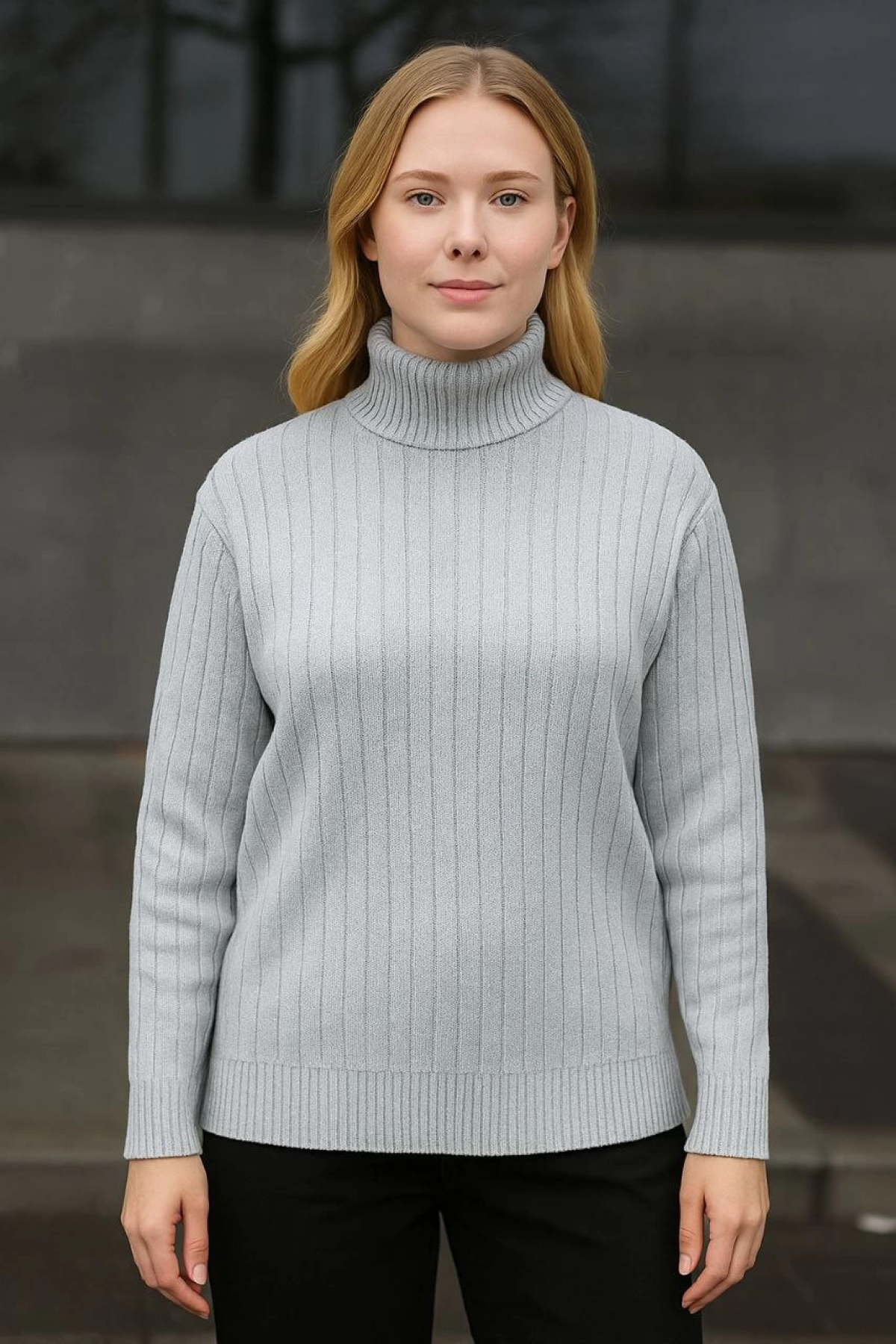 Velmora    Balıkcı Yaka Bağazlı Triko Kazak Pamuklu Kalın Fitilli Dokuma - Gri