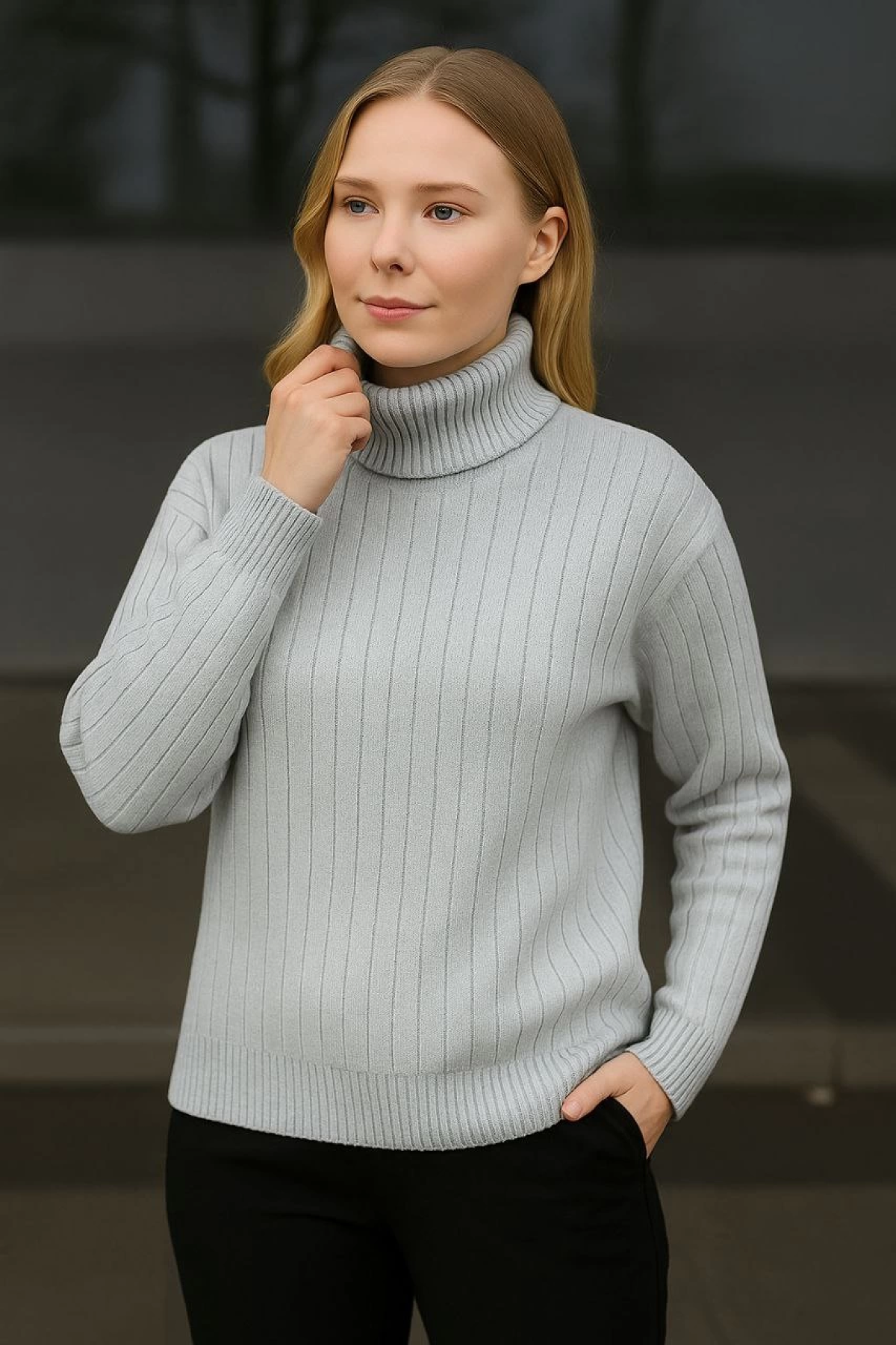 Velmora    Balıkcı Yaka Bağazlı Triko Kazak Pamuklu Kalın Fitilli Dokuma - Gri