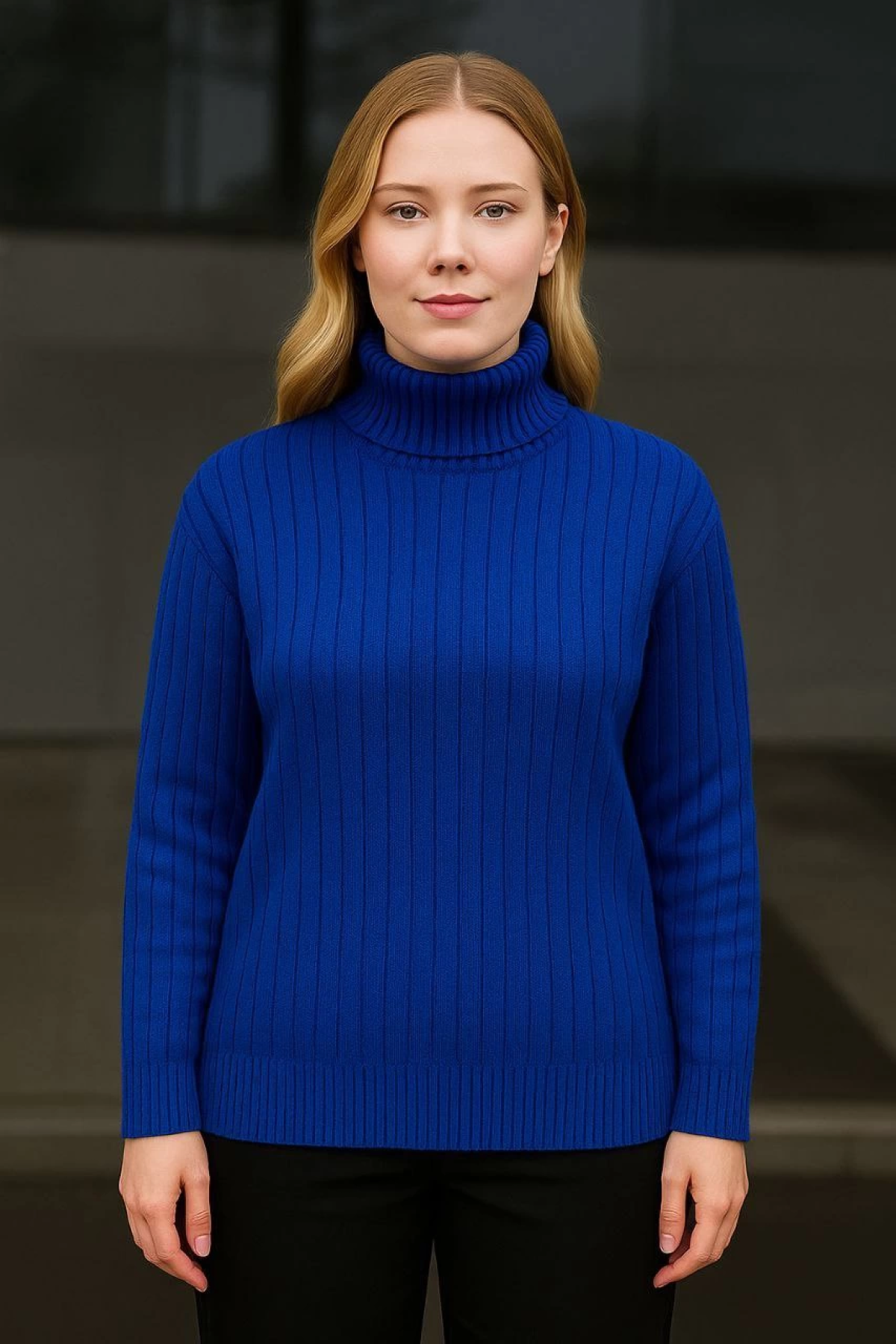 Velmora    Balıkcı Yaka Bağazlı Triko Kazak Pamuklu Kalın Fitilli Dokuma - Saks Mavisi