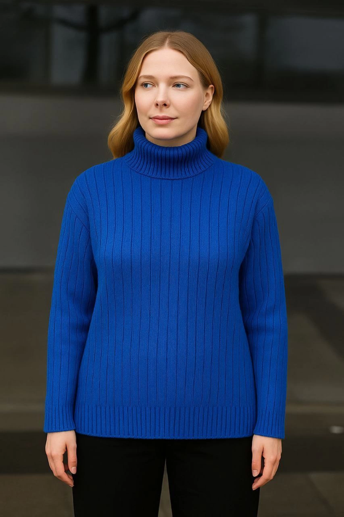 Velmora    Balıkcı Yaka Bağazlı Triko Kazak Pamuklu Kalın Fitilli Dokuma - Saks Mavisi