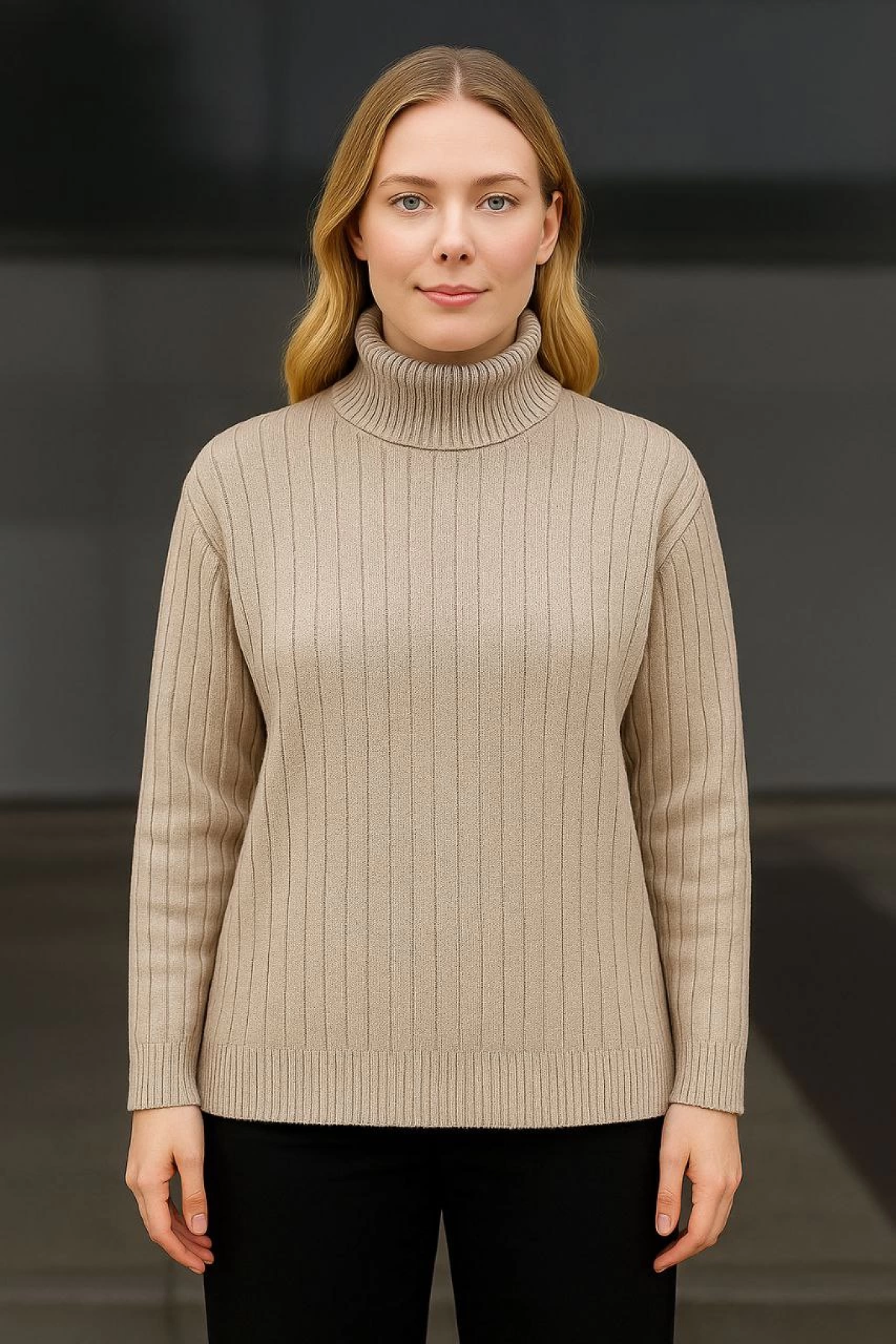 Velmora    Balıkcı Yaka Bağazlı Triko Kazak Pamuklu Kalın Fitilli Dokuma - Bej