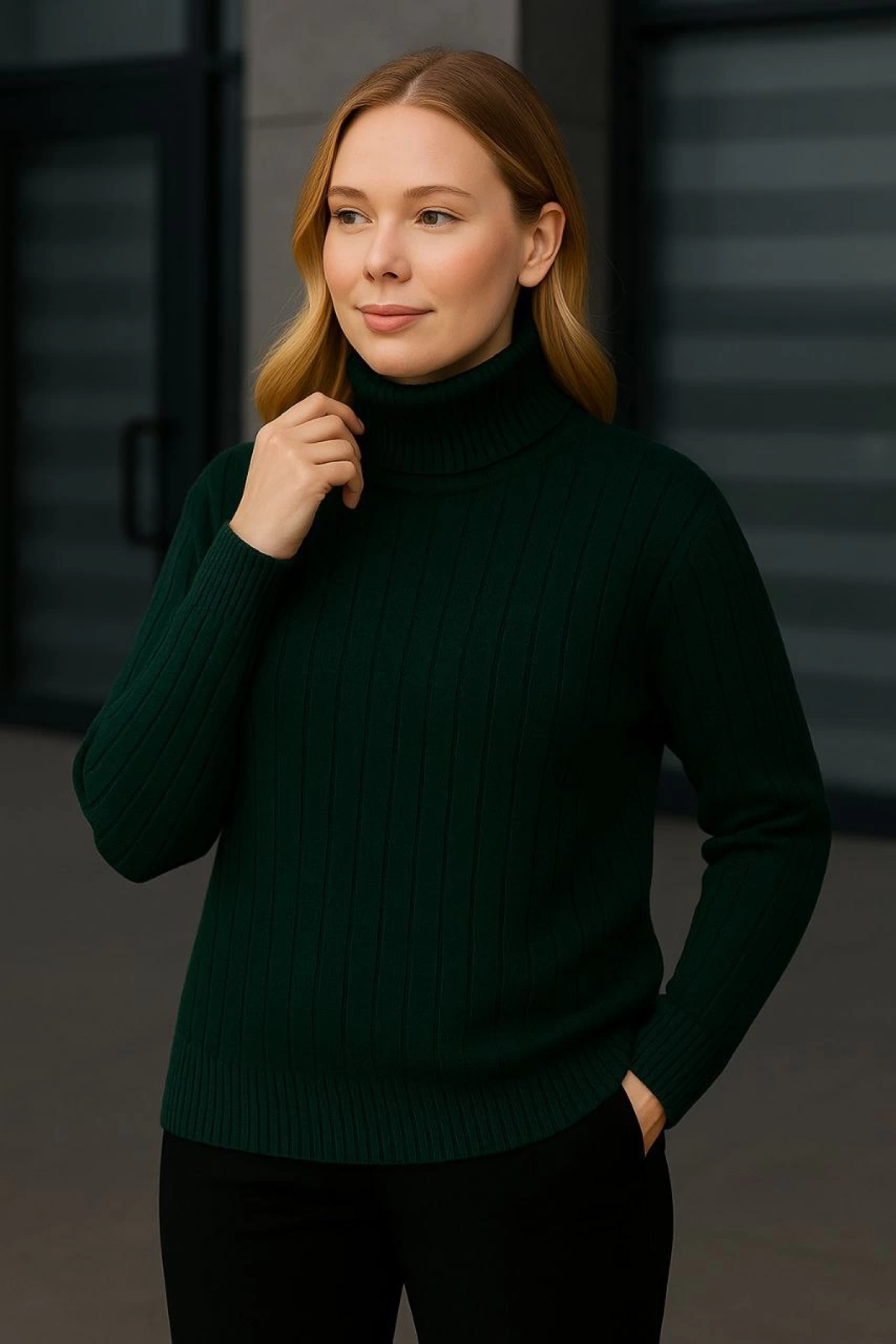 Velmora    Balıkcı Yaka Bağazlı Triko Kazak Pamuklu Kalın Fitilli Dokuma - Haki