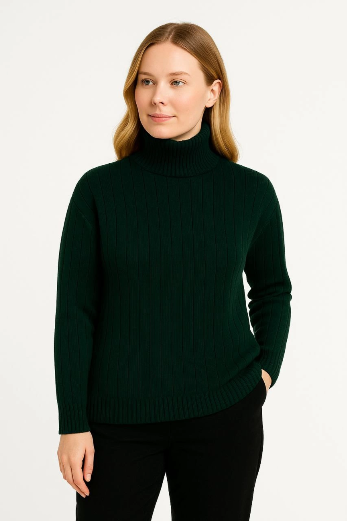 Velmora    Balıkcı Yaka Bağazlı Triko Kazak Pamuklu Kalın Fitilli Dokuma - Haki