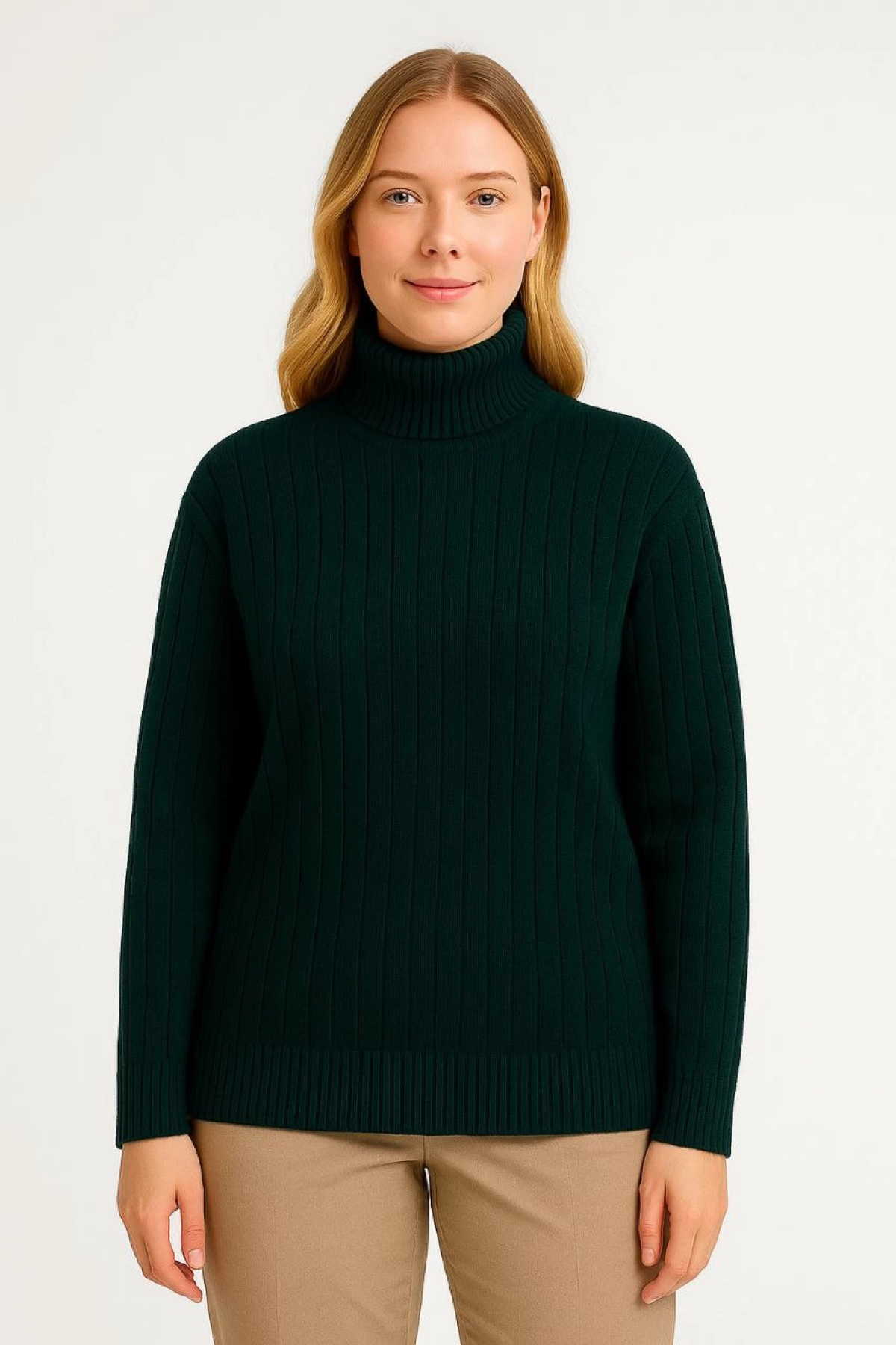 Velmora    Balıkcı Yaka Bağazlı Triko Kazak Pamuklu Kalın Fitilli Dokuma - Haki